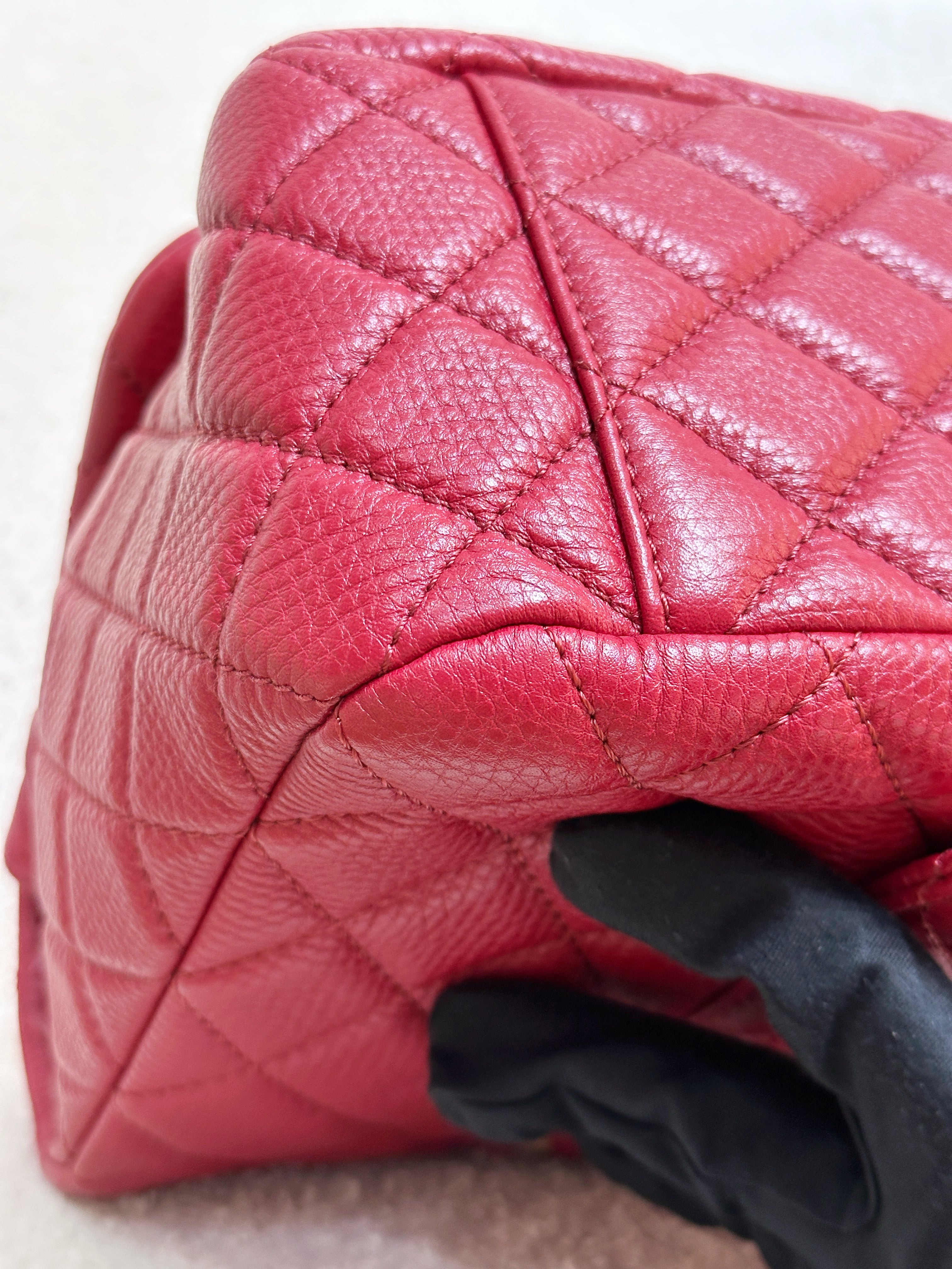 Chanel Red Grained Calfskin XL Small Travel Flap Bag Light Gold Hardware