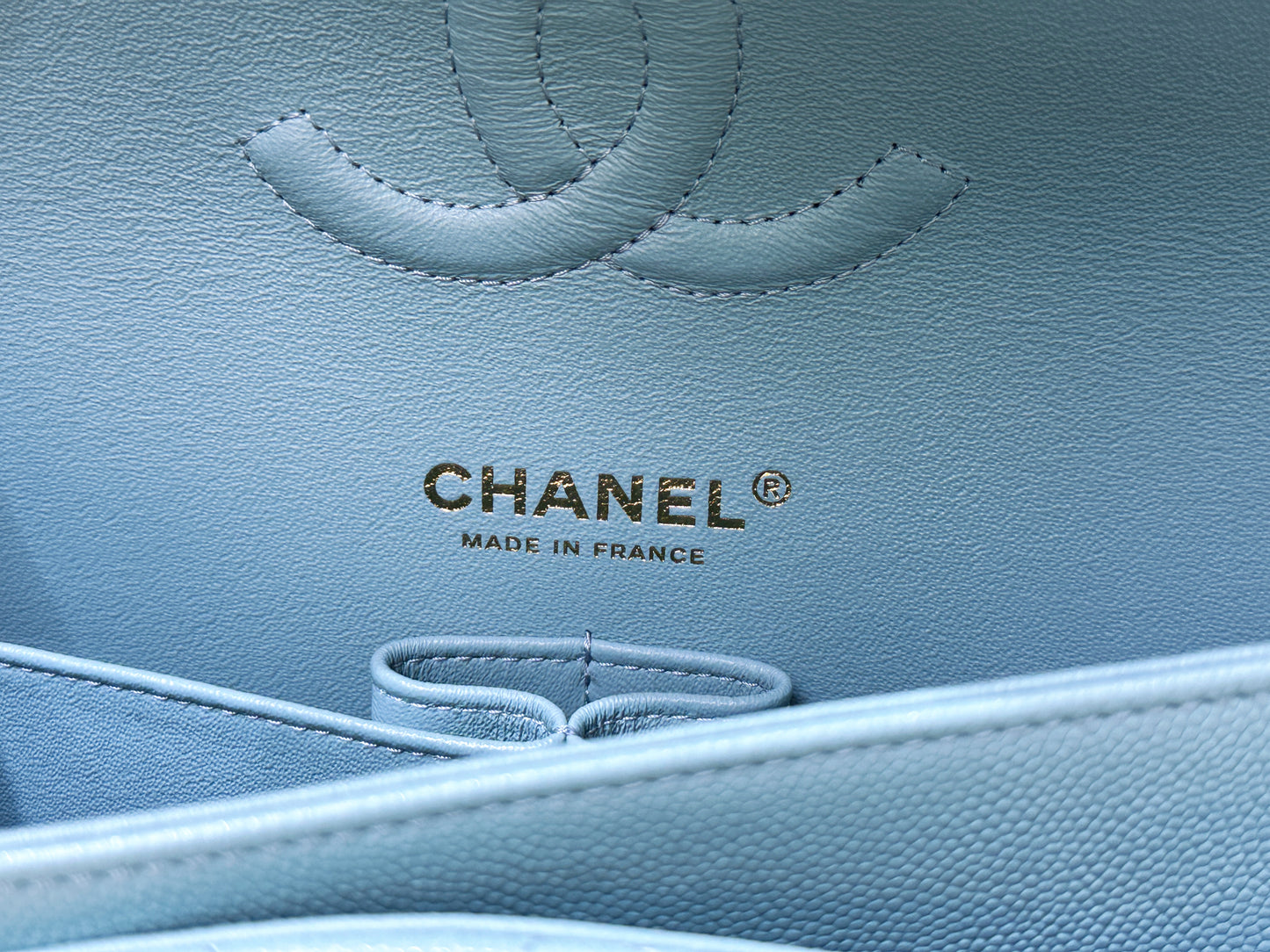 Chanel Classic Flap Medium 20C Tiffany Blue Caviar Light Gold Hardware 294 holo card