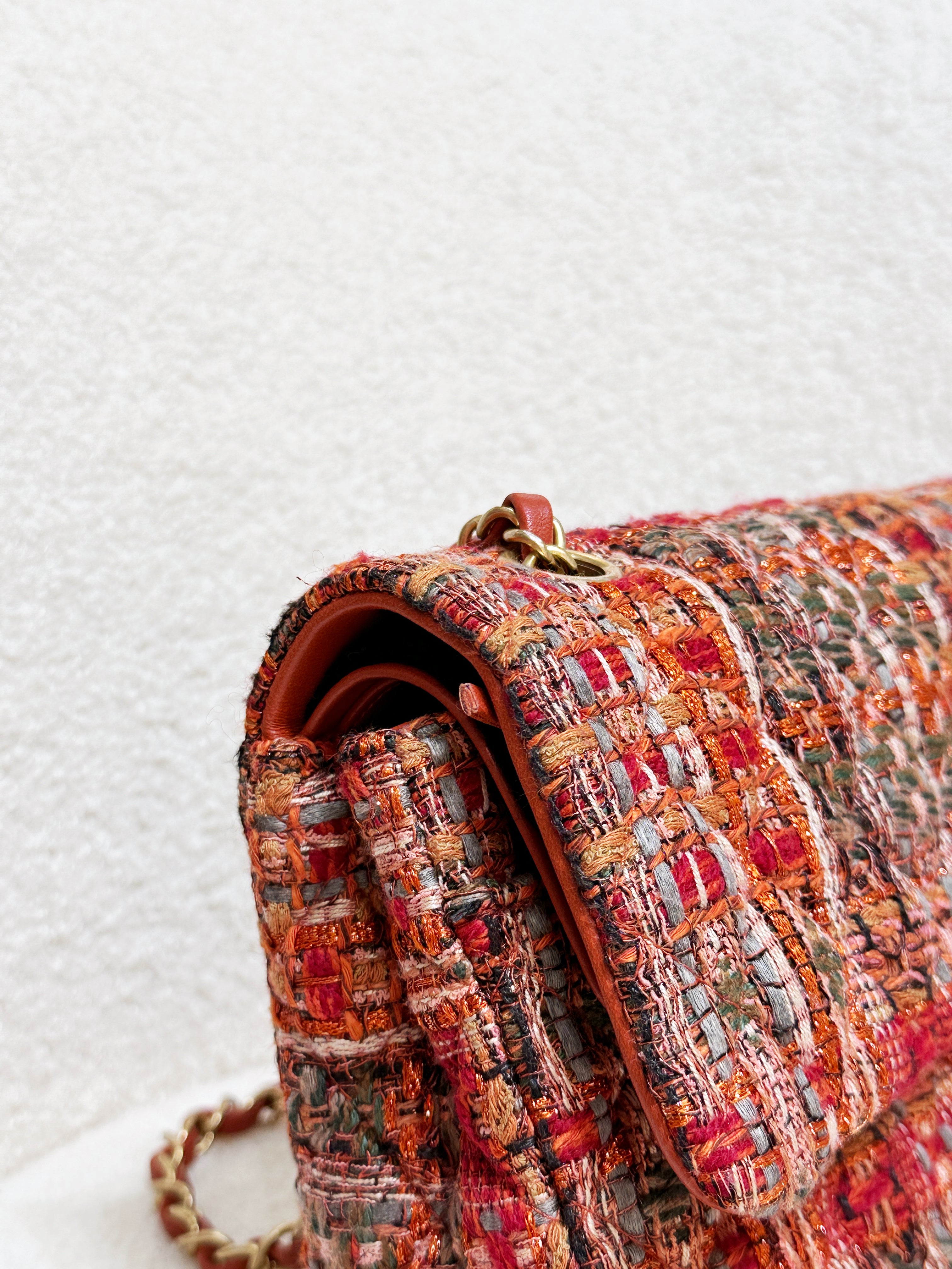 Chanel Tweed Quilted Medium Double Flap Bag Orange Multicolor K9J2 microchip