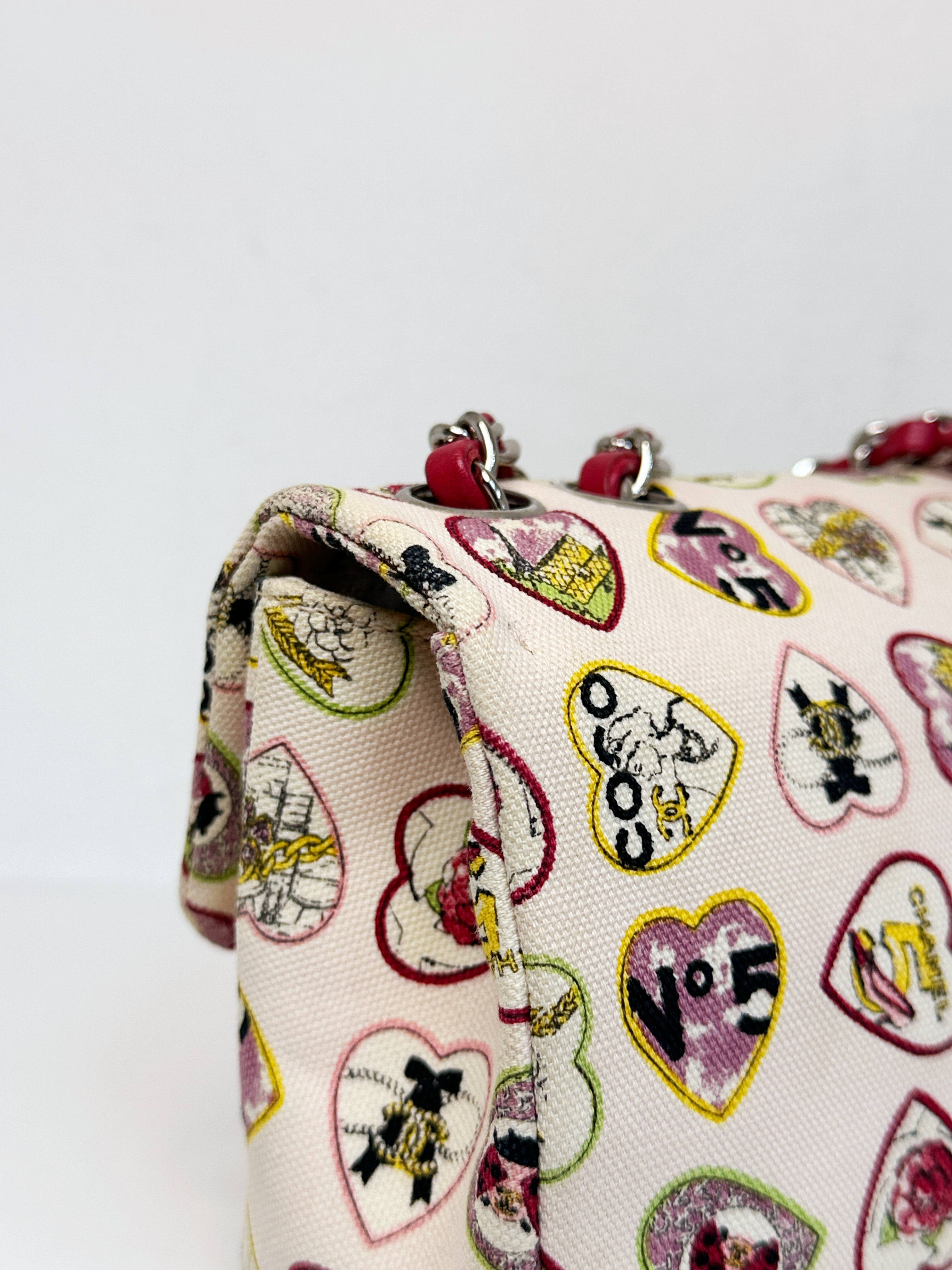 Chanel Valentine Coco Heart Motif Printed Pink Canvas East West Flap Bag 1064 holo