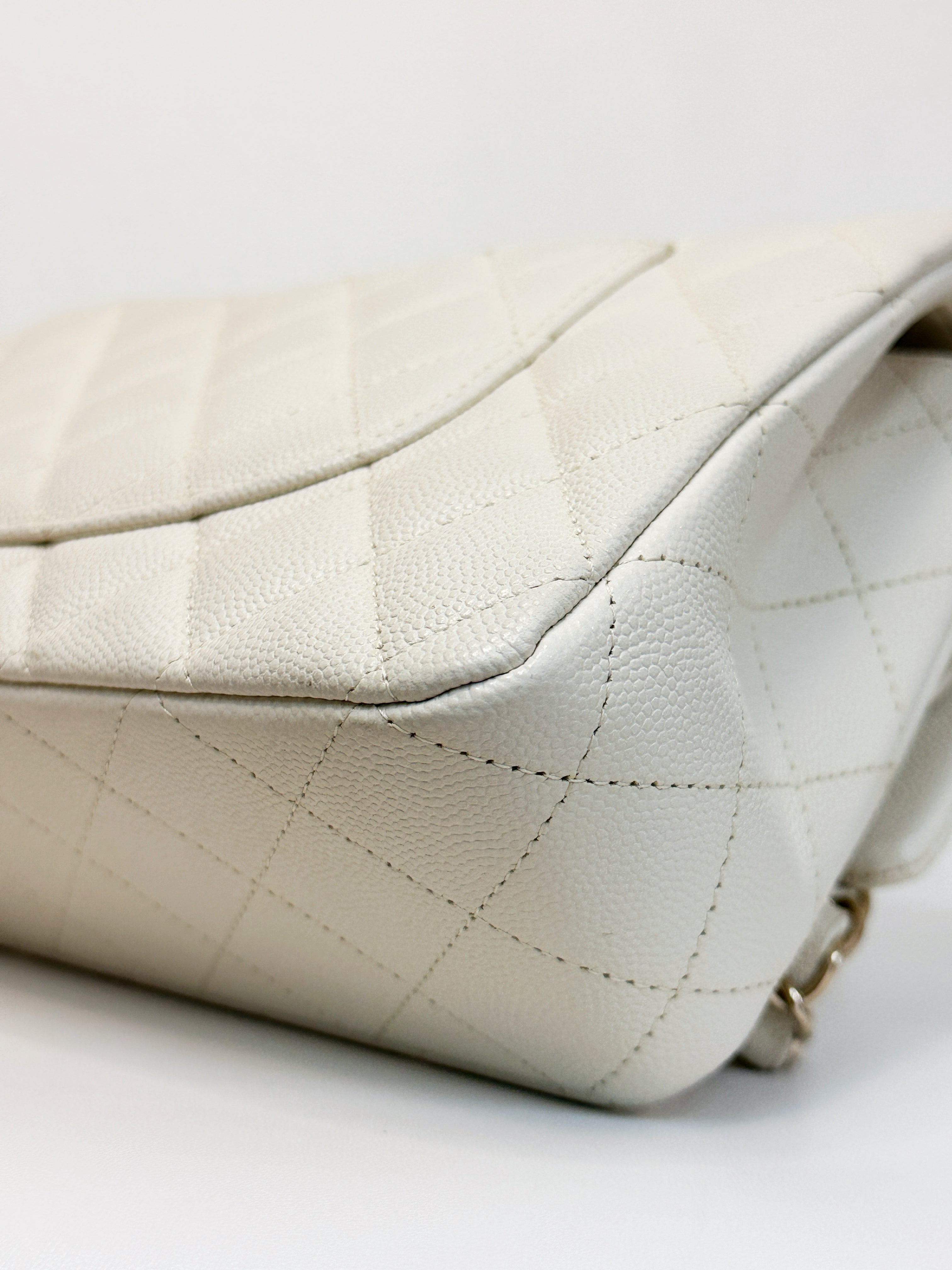 Chanel Medium Caviar Classic Quilted Double Flap White Light Beige Bag LGHW L45J microchip