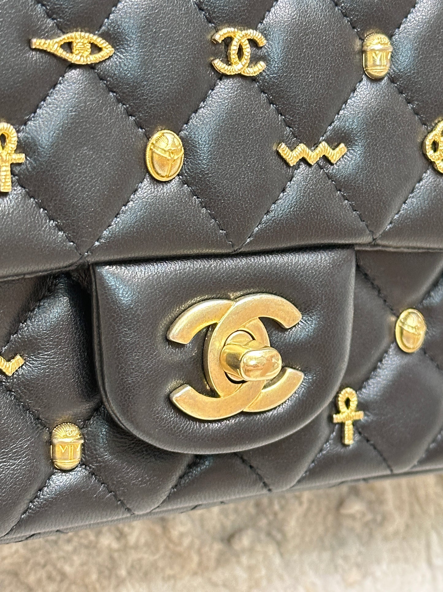 Chanel Mini Lambskin Quilted Egyptian Amulet Rectangular Flap Black GHW