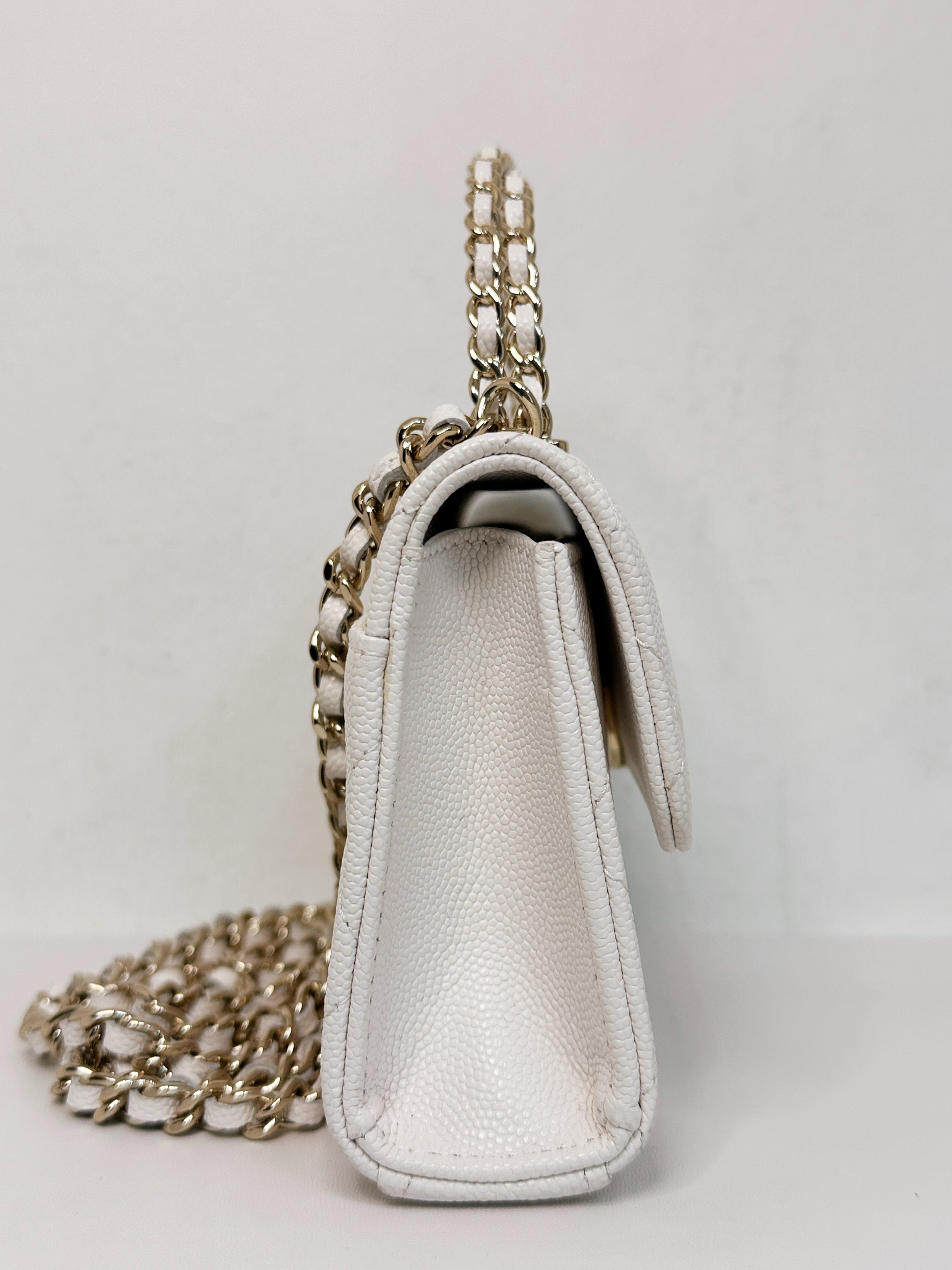 Chanel 23P Top Handle Kelly Clutch with Chain in White Caviar GHW