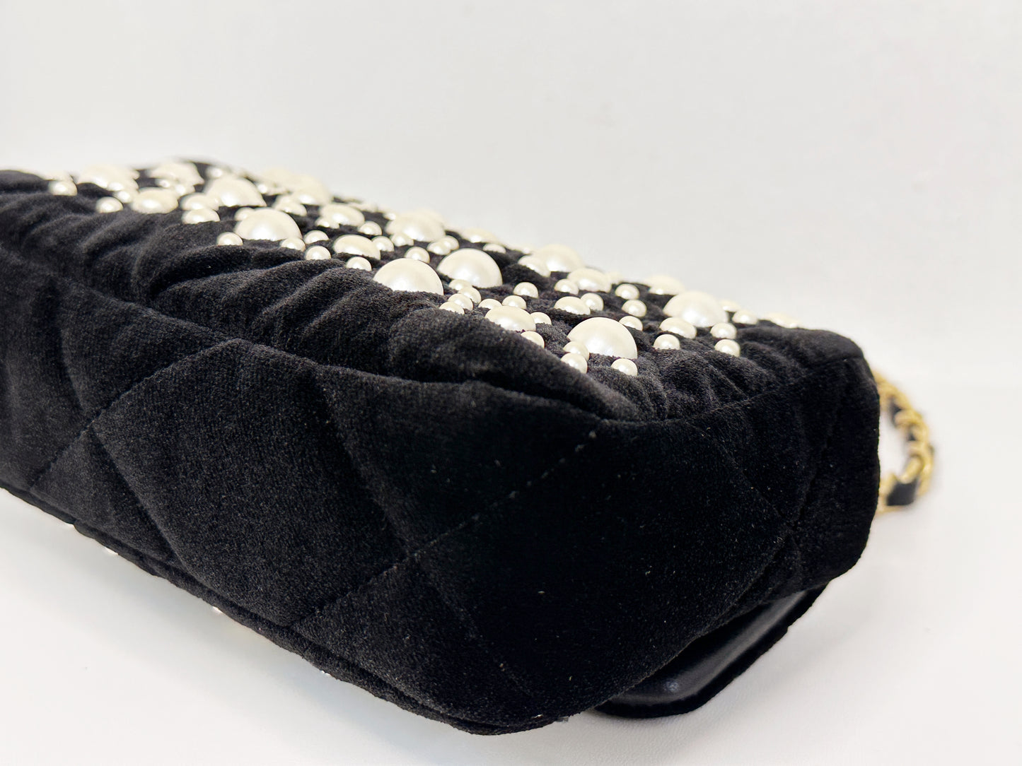 Chanel Mini Black Velvet Pearl Flap Bag X53U microchip