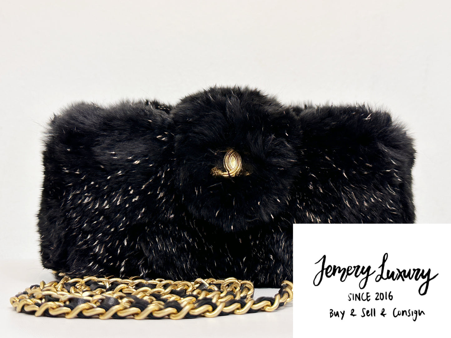Chanel CC Black Fur Chain Clutch 2270 holo card