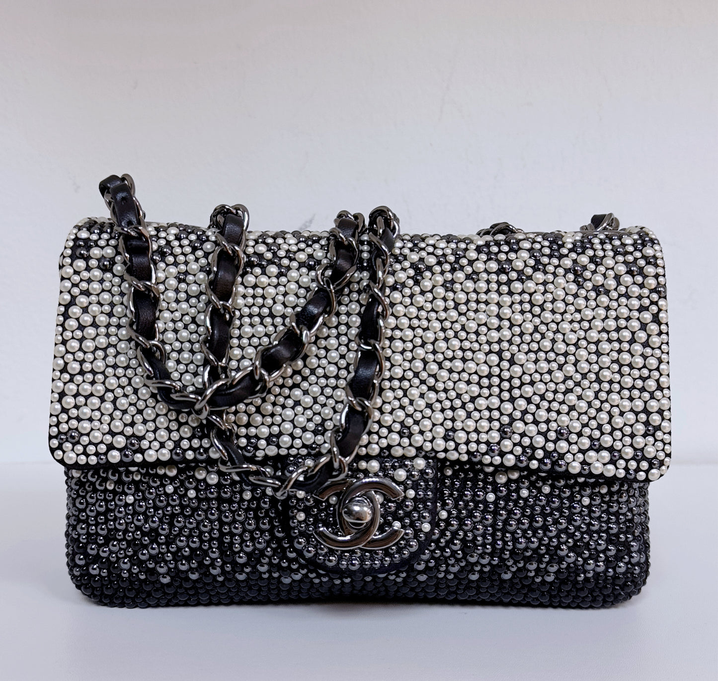 White, Grey and Black Imitation Pearls and Beads and Calfskin Embellished CC MiniClassic Single Flap Ruthenium Hardware, 2014