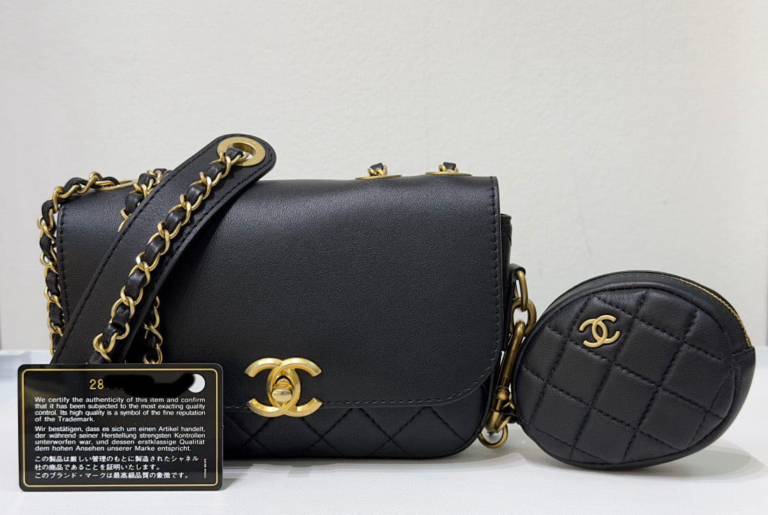 Chanel Calfskin Quilted Multi Pouching Flap And Coin Purse Black