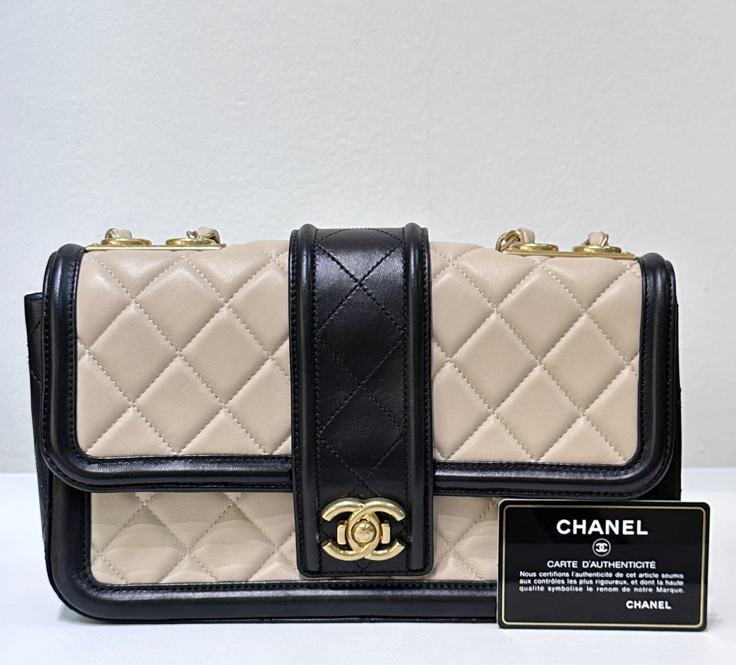 Chanel Medium Lambskin Quilted Elegant CC Flap Beige Black GHW