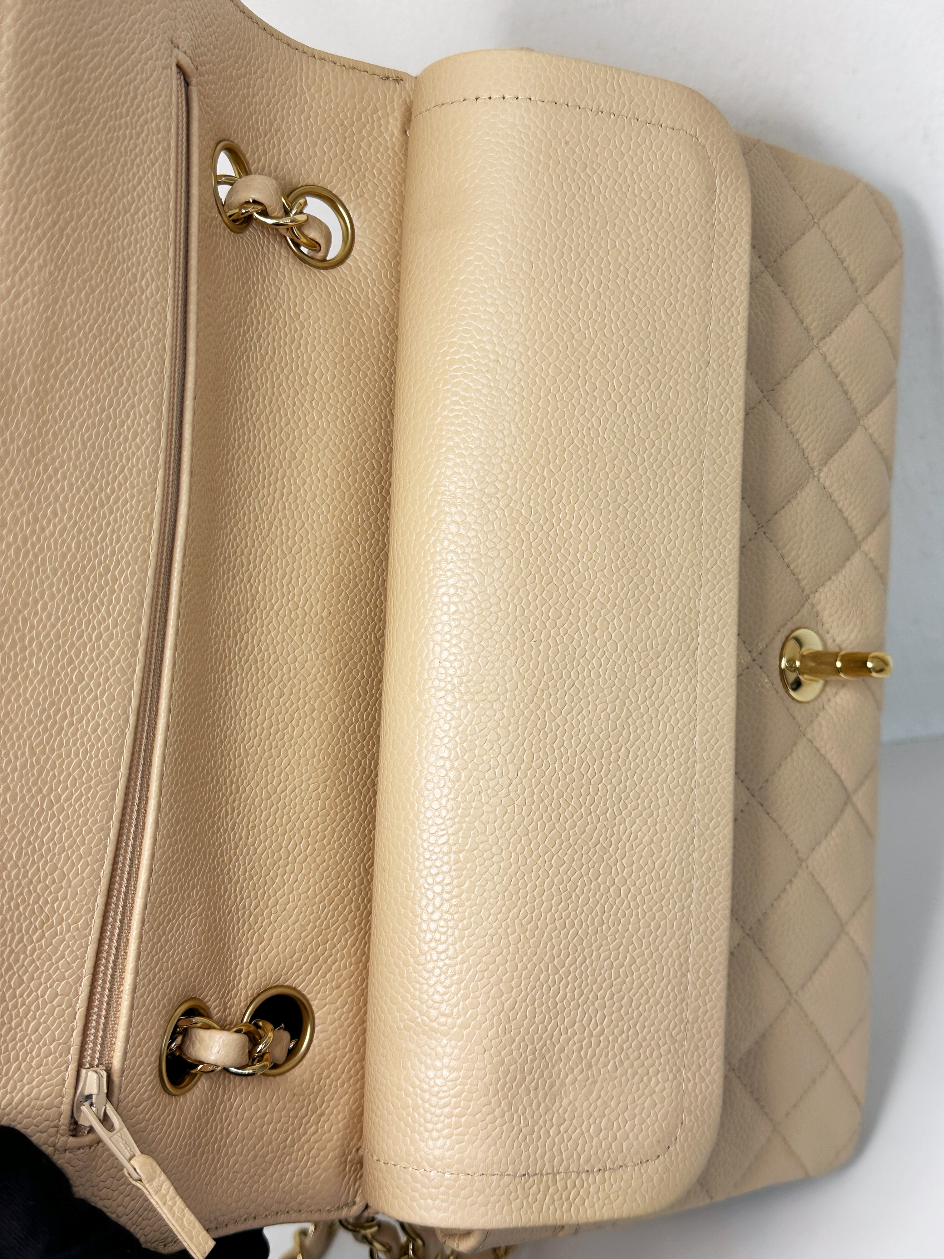 Chanel Medium Beige Classic Caviar Double Flap Bag GHW 2163 holo