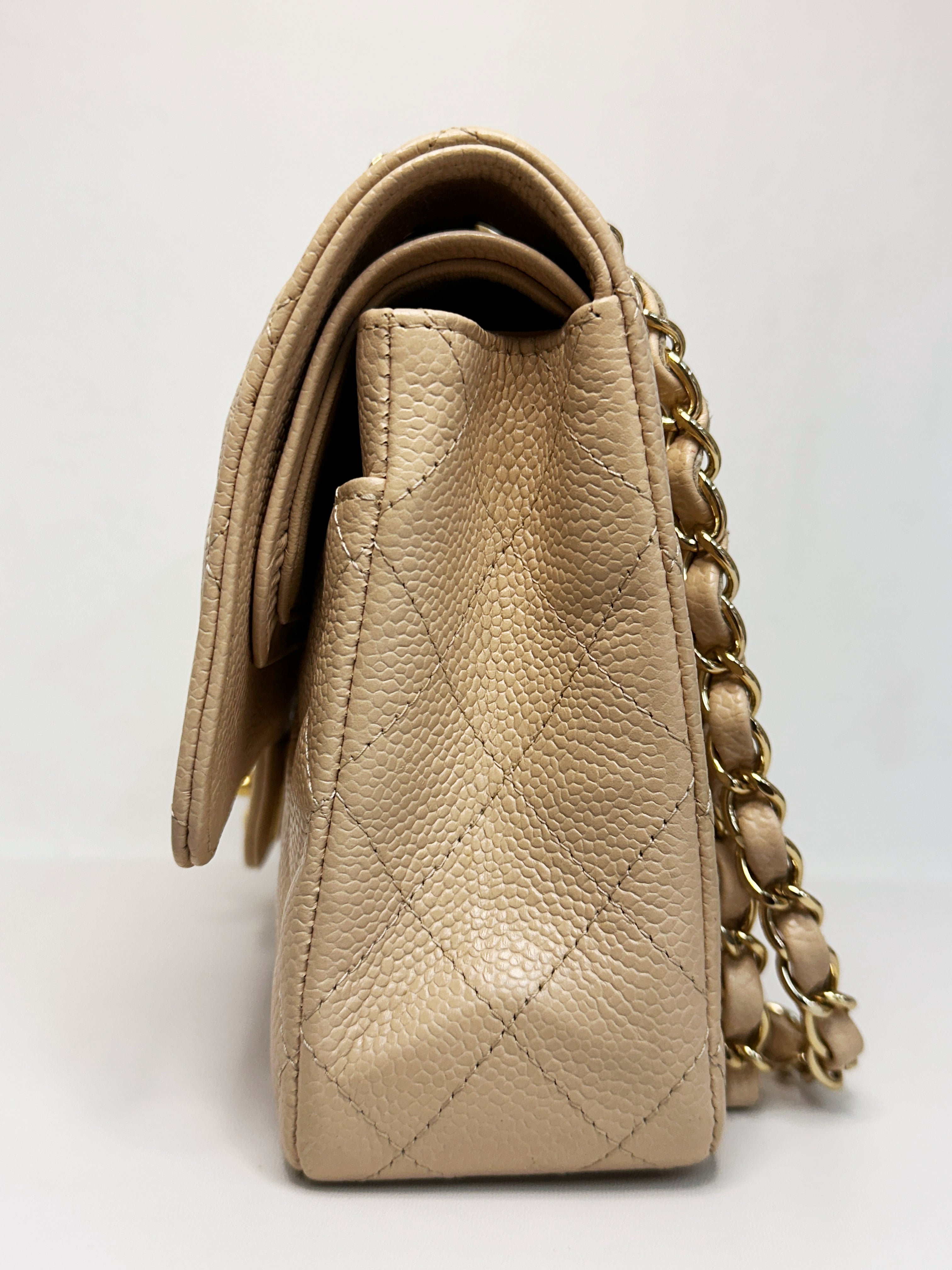 Chanel Medium Beige Classic Caviar Double Flap Bag GHW 2163 holo
