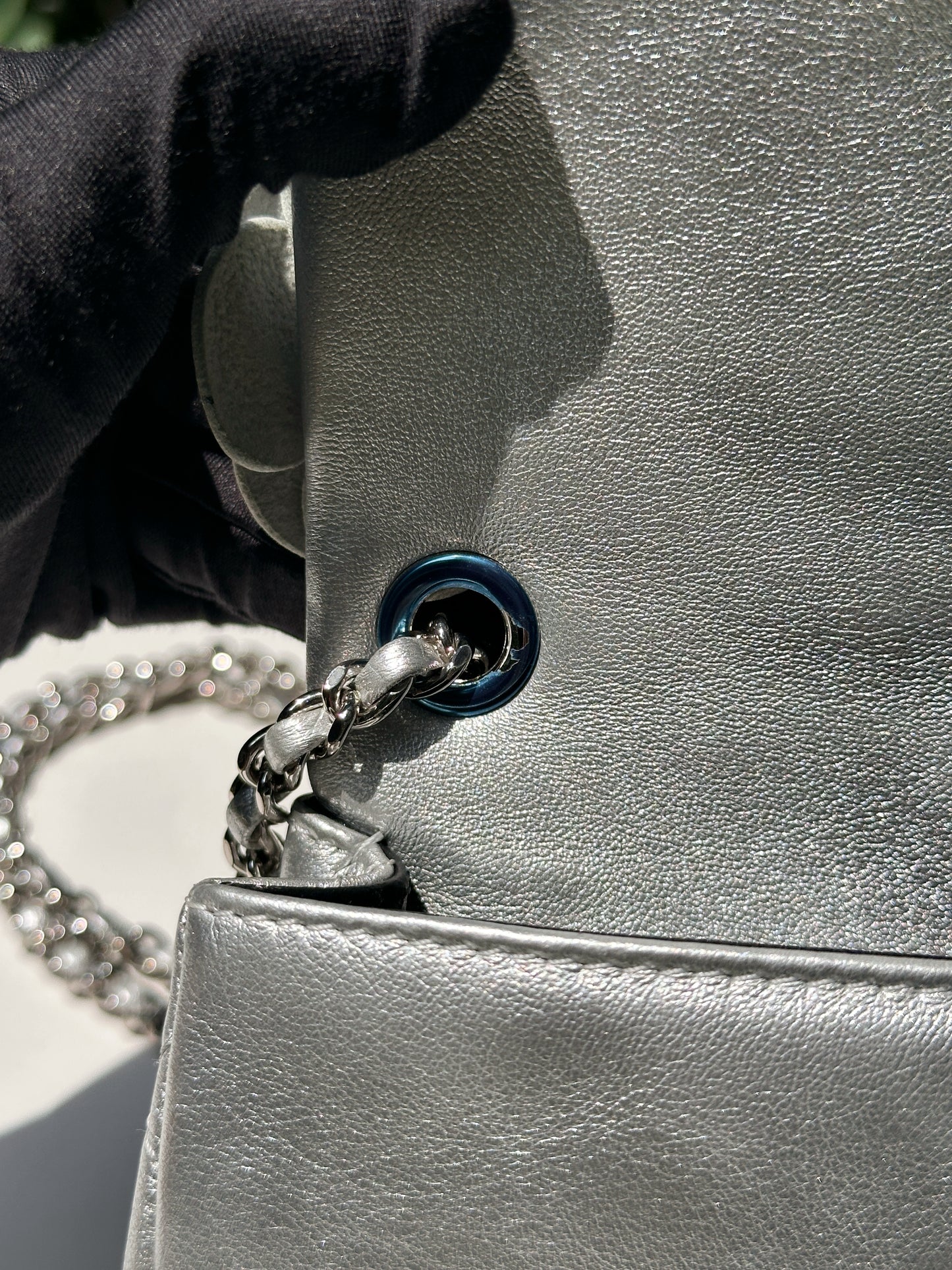 Chanel Mini Camellia Lambskin Shiny Silver SHW 2245 holo