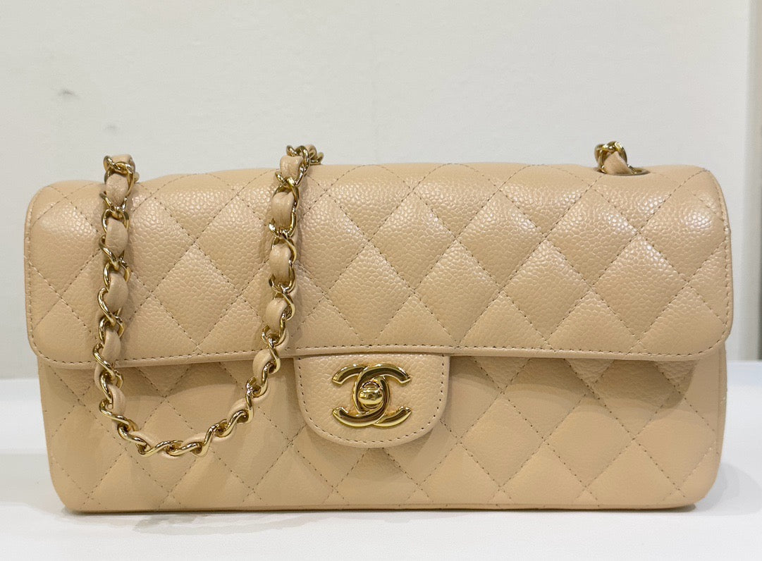 Chanel Caviar East West Flap Bag Beige GHW 1336 holo card