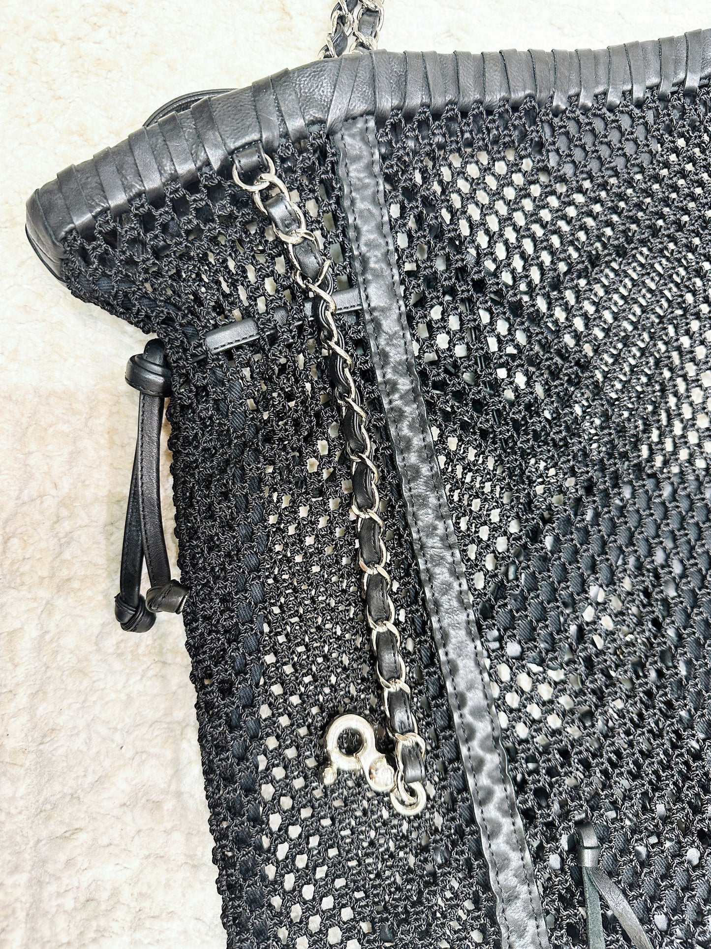 Chanel Limited Edition Resort 2011 Black Fringe Mesh Tote Bag 1373 holo card