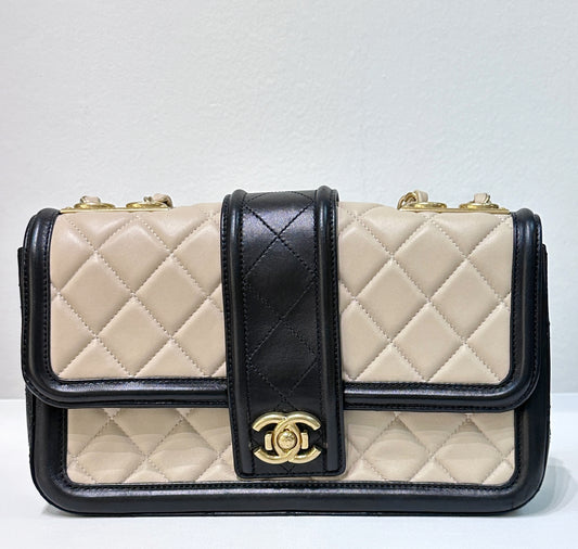Chanel Medium Lambskin Quilted Elegant CC Flap Beige Black GHW
