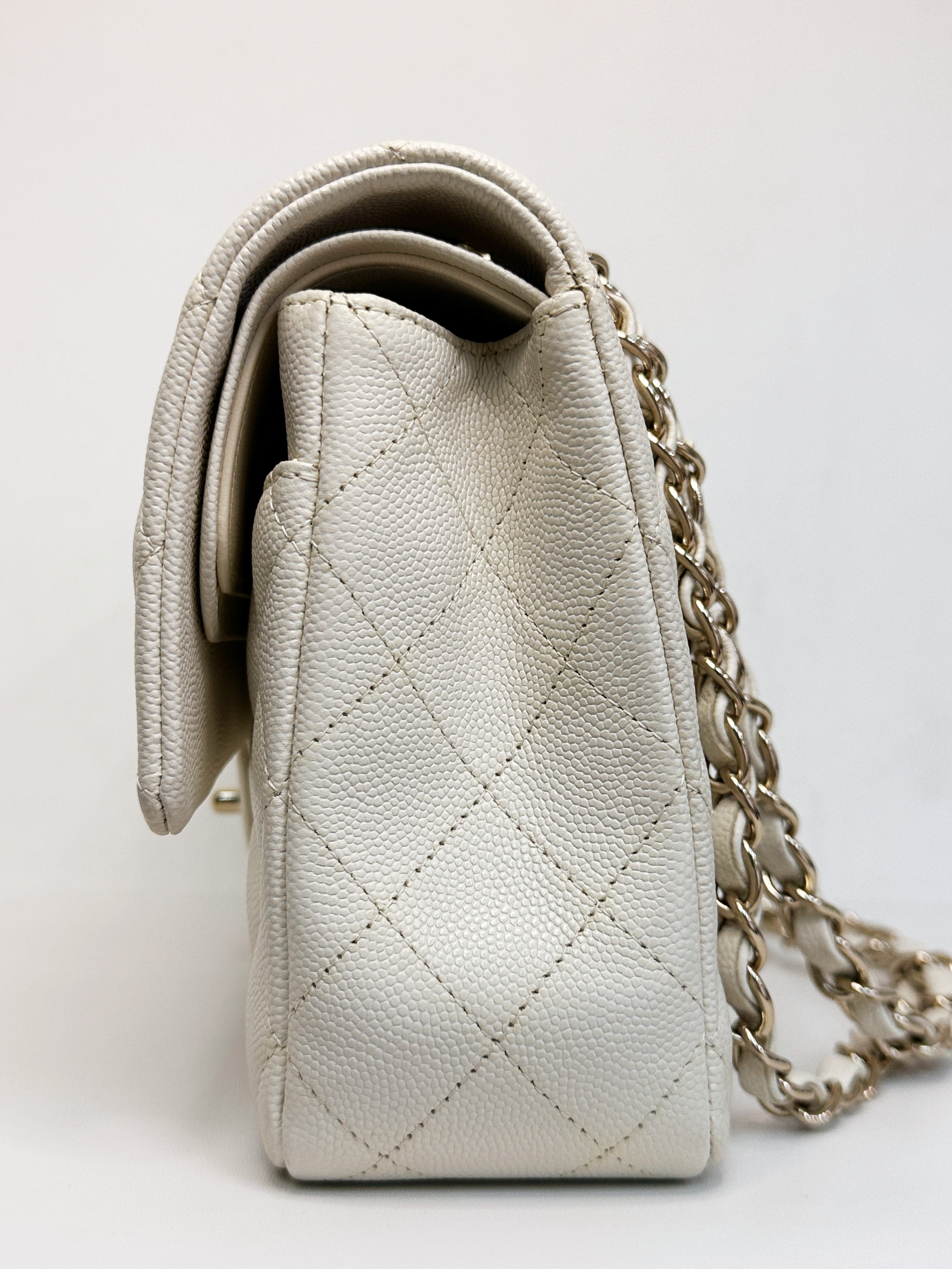 Chanel Medium Caviar Classic Quilted Double Flap White Light Beige Bag LGHW L45J microchip