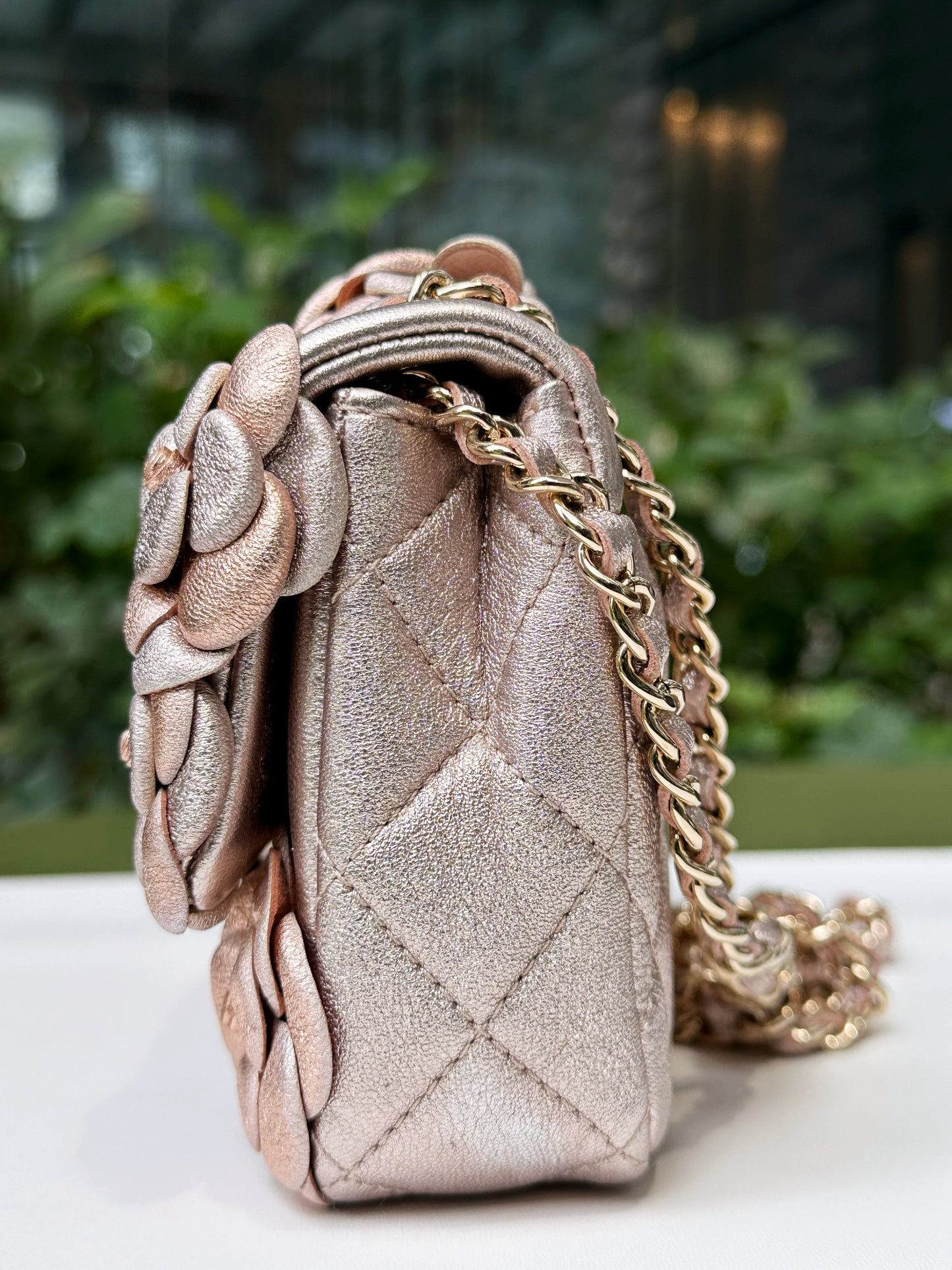 Chanel Camellia Mini Metallic Rose Gold/Pink Lambskin Gold Hardware 2078 holo card