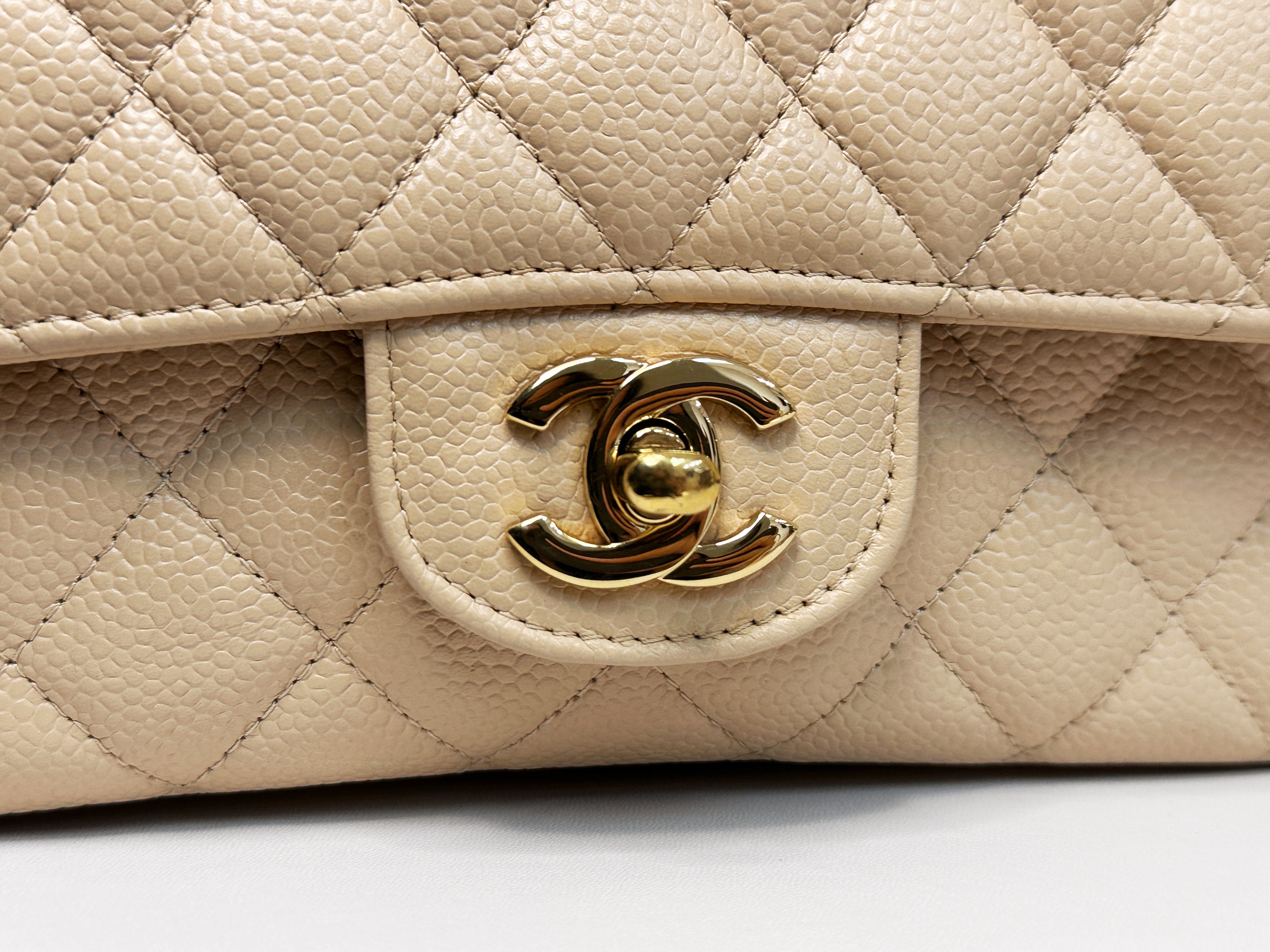 Chanel Medium Beige Classic Caviar Double Flap Bag GHW 2163 holo