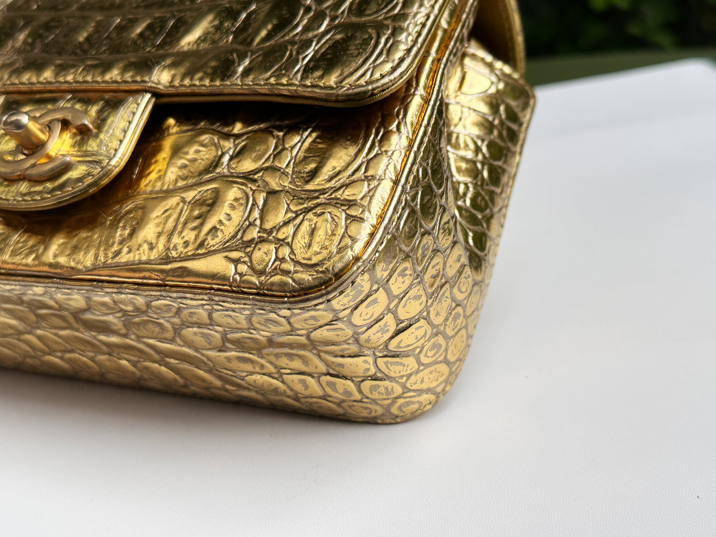 Chanel Mini Calfskin Crocodile Embossed Rectangular Gold Metallic Flap Bag 2803 holo card
