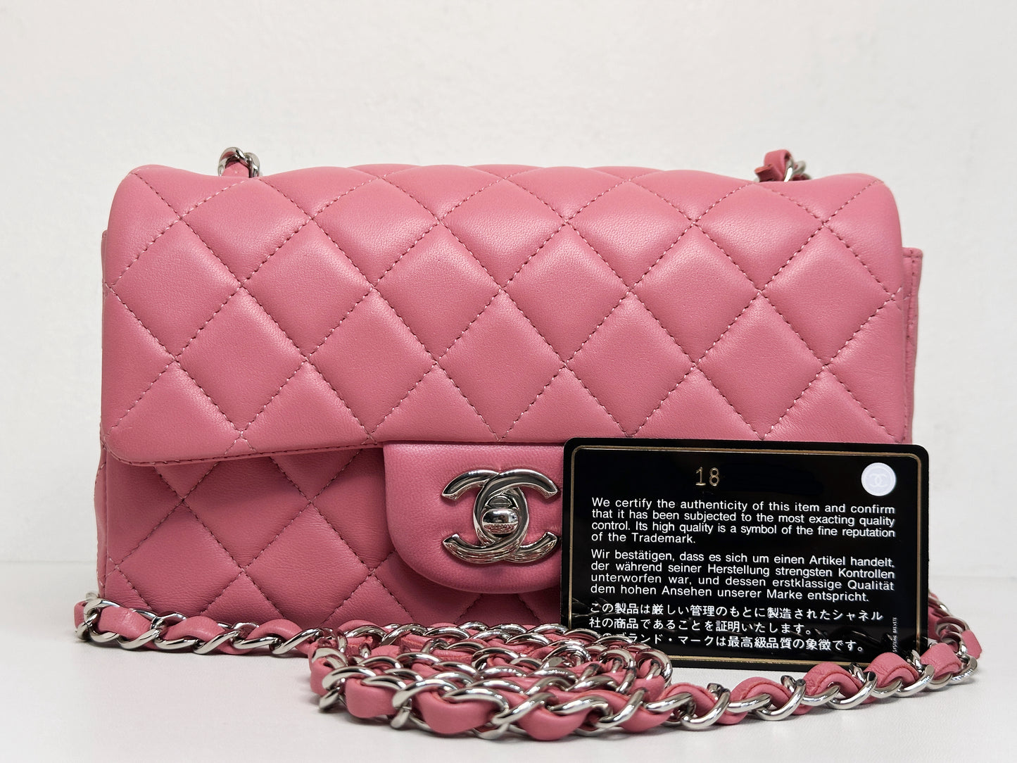 CHANEL Pink Lambskin Quilted Mini Rectangular Flap Bag Pink