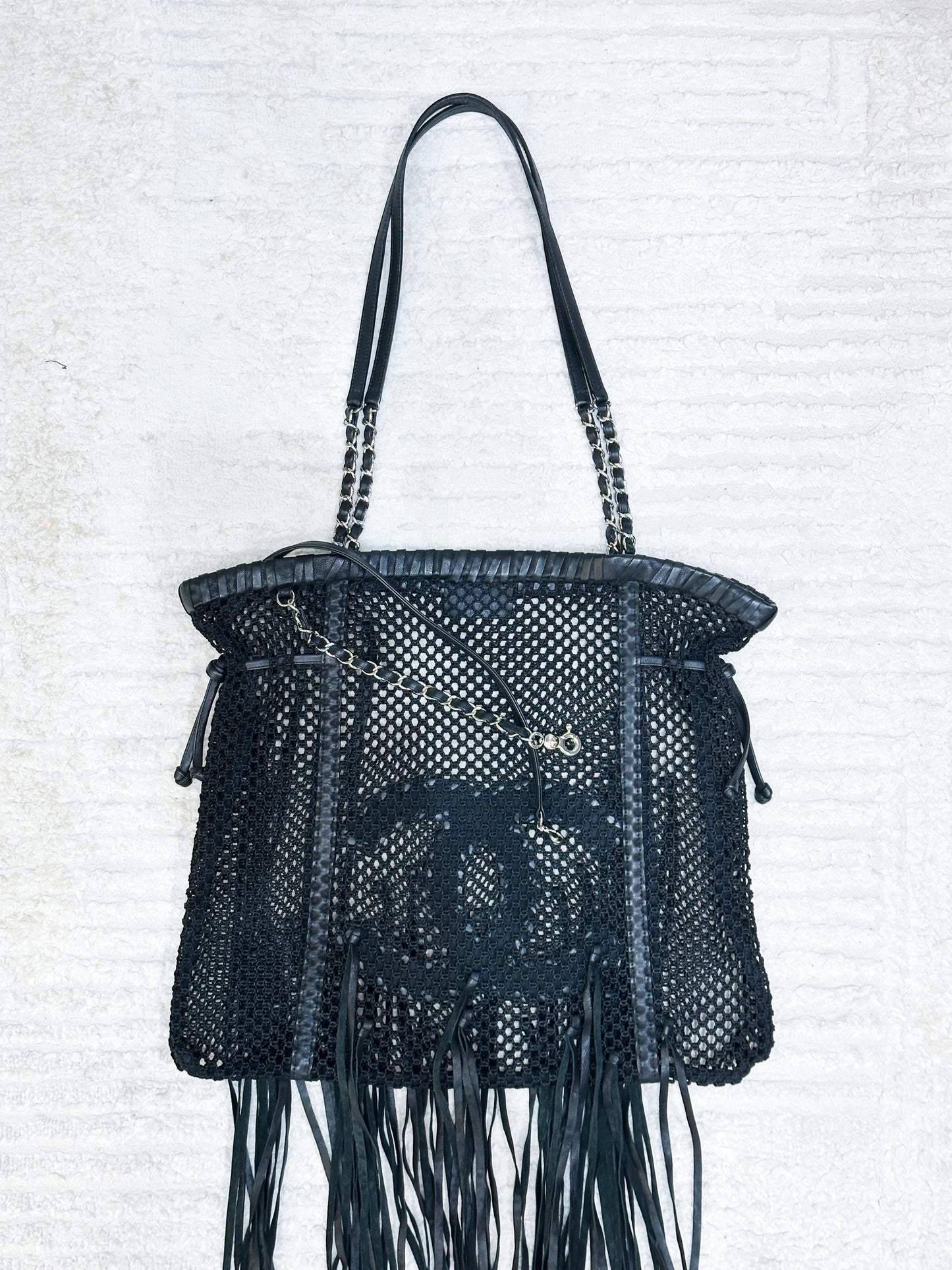 Chanel Limited Edition Resort 2011 Black Fringe Mesh Tote Bag 1373 holo card