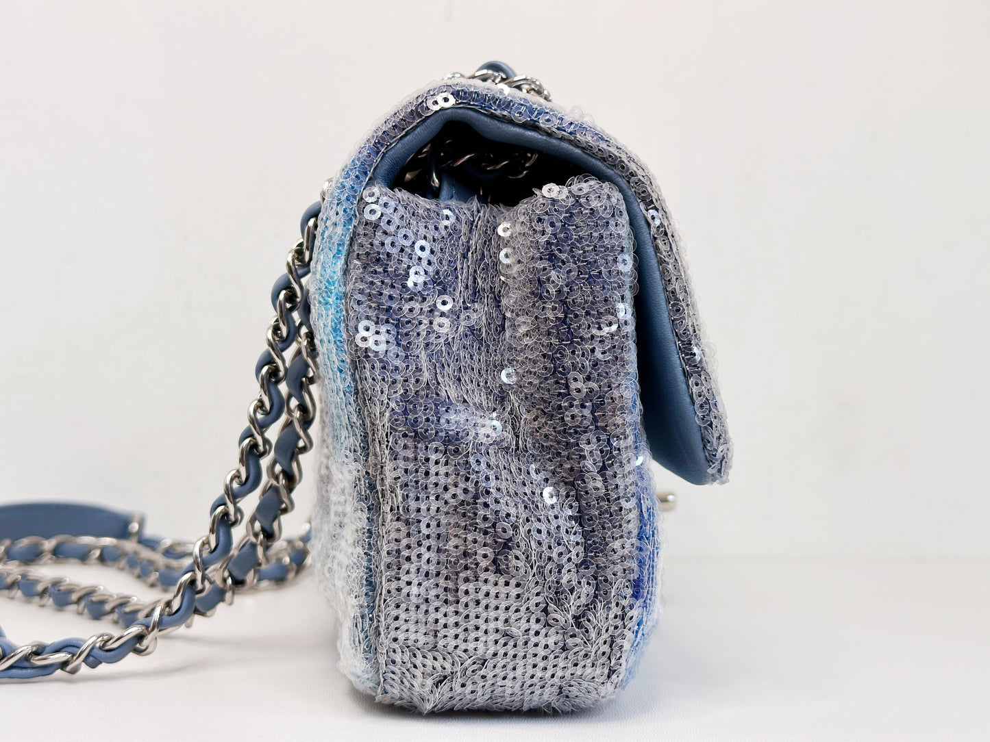 Chanel Sequin Mini Waterfall Light Blue Flap Bag 2590 holo card