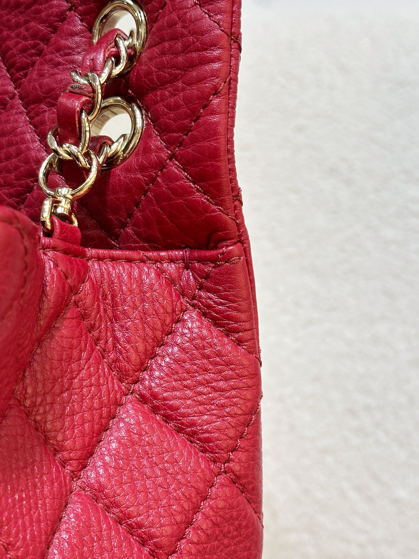 Chanel Red Grained Calfskin XL Small Travel Flap Bag Light Gold Hardware