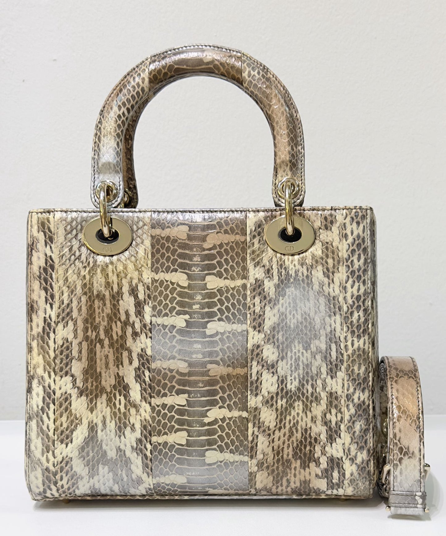 Christian Dior Medium Bicolor Python Leather Lady Dior Flap Closure Bag