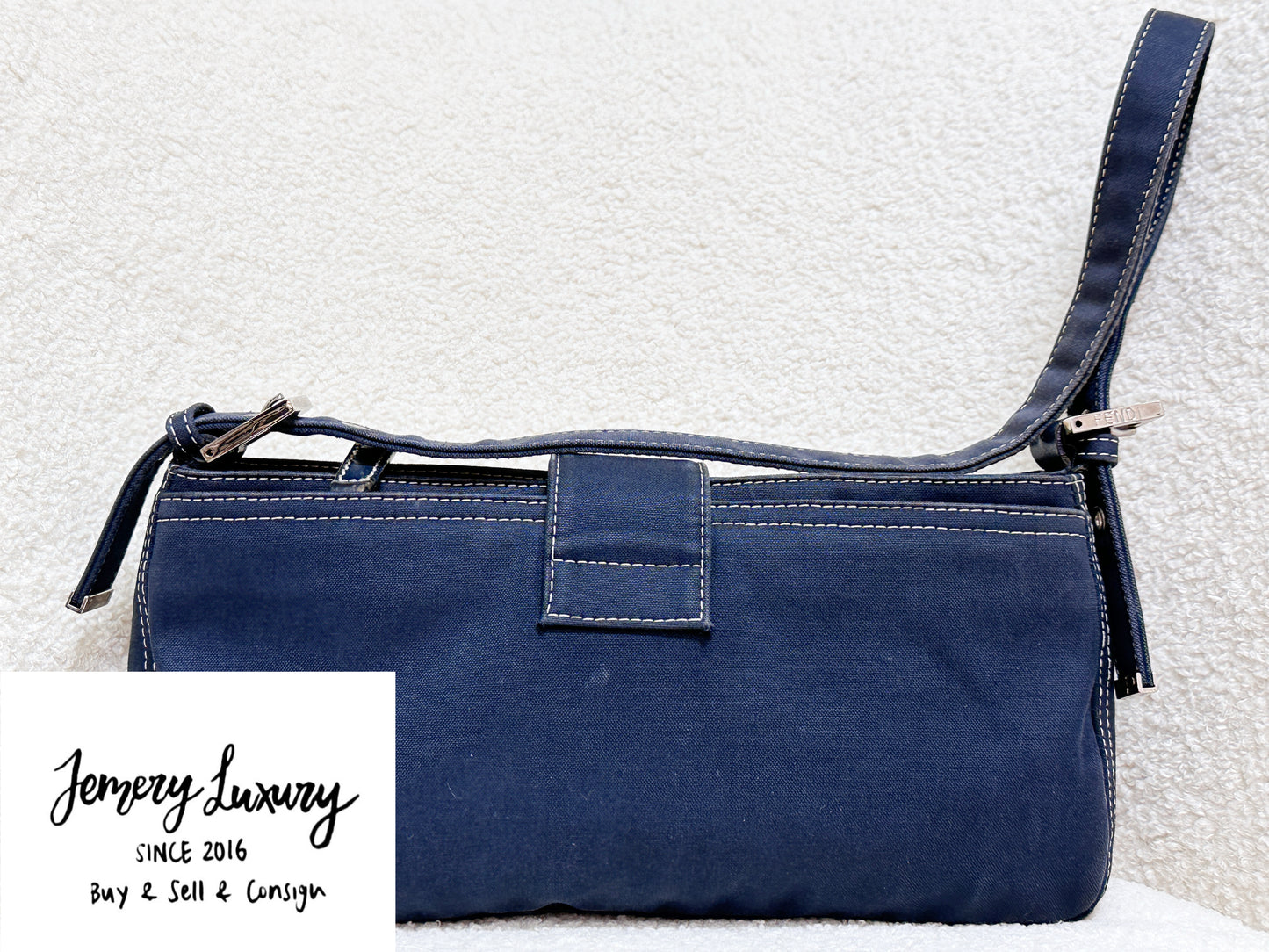 Fendi Mamma Baguette Canvas Shoulder Bag Navy blue