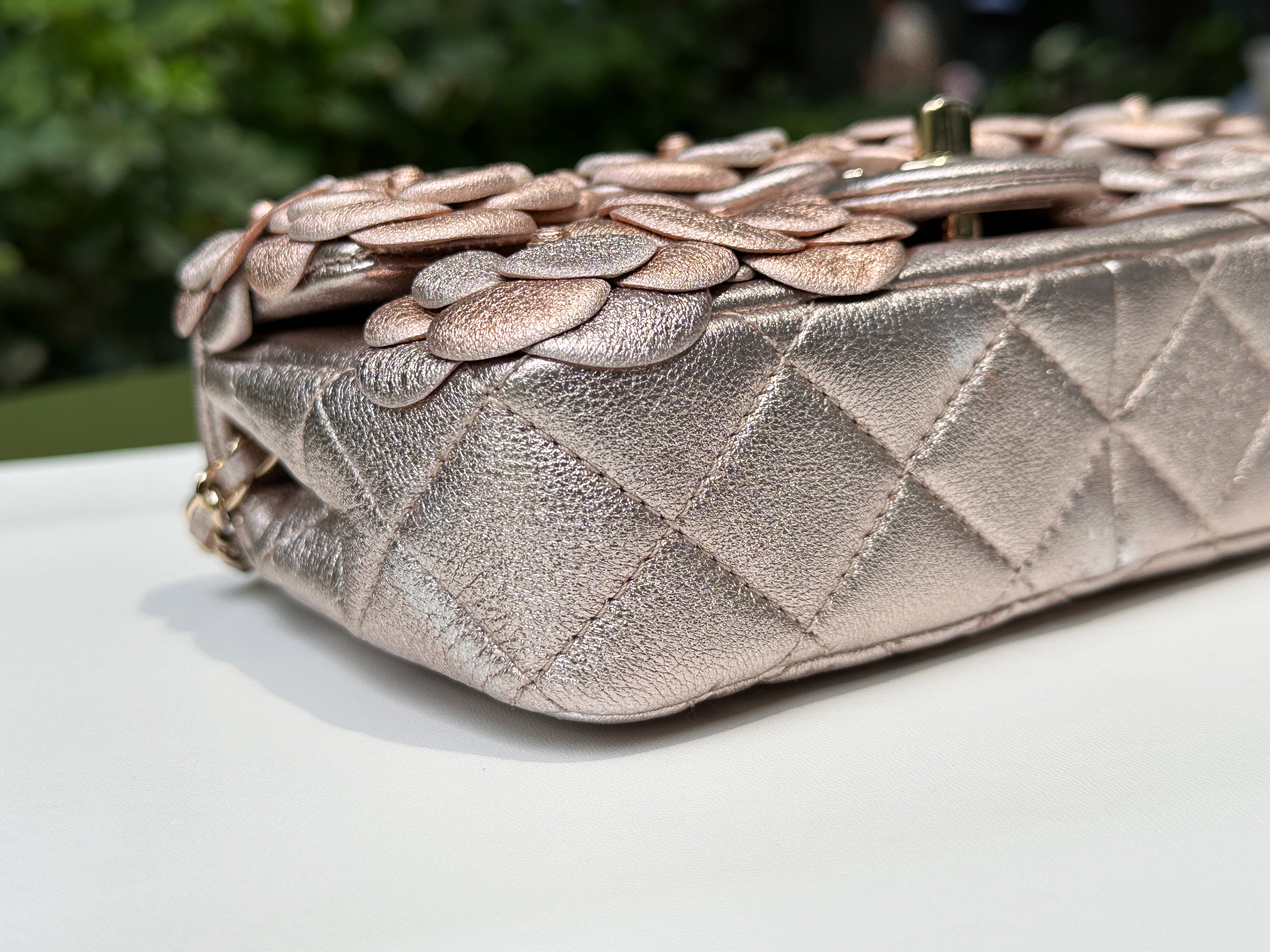 Chanel Camellia Mini Metallic Rose Gold/Pink Lambskin Gold Hardware 2078 holo card
