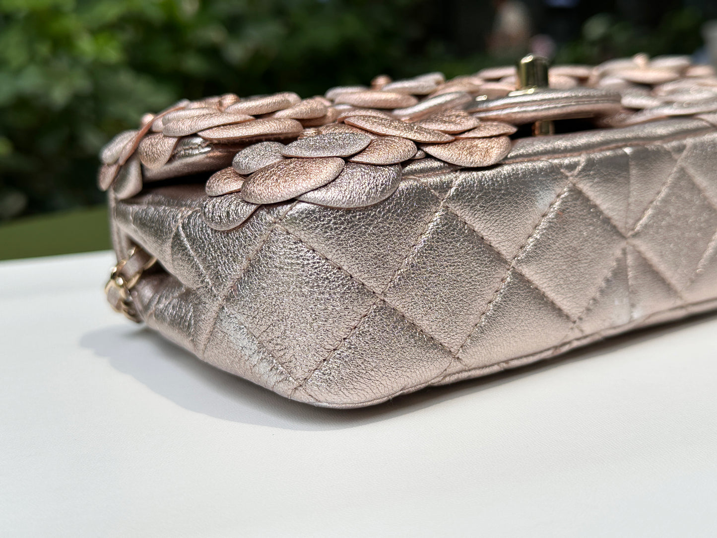 Chanel Camellia Mini Metallic Rose Gold/Pink Lambskin Gold Hardware 2078 holo card