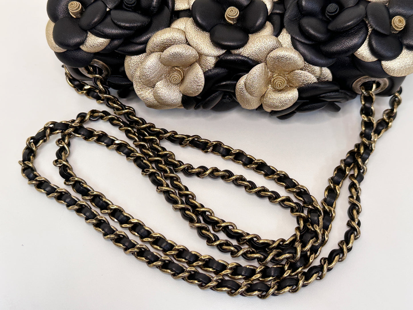 Chanel Mini Metallic Lambskin Quilted Camellia Flap Bag Black Gold 2479 holo card