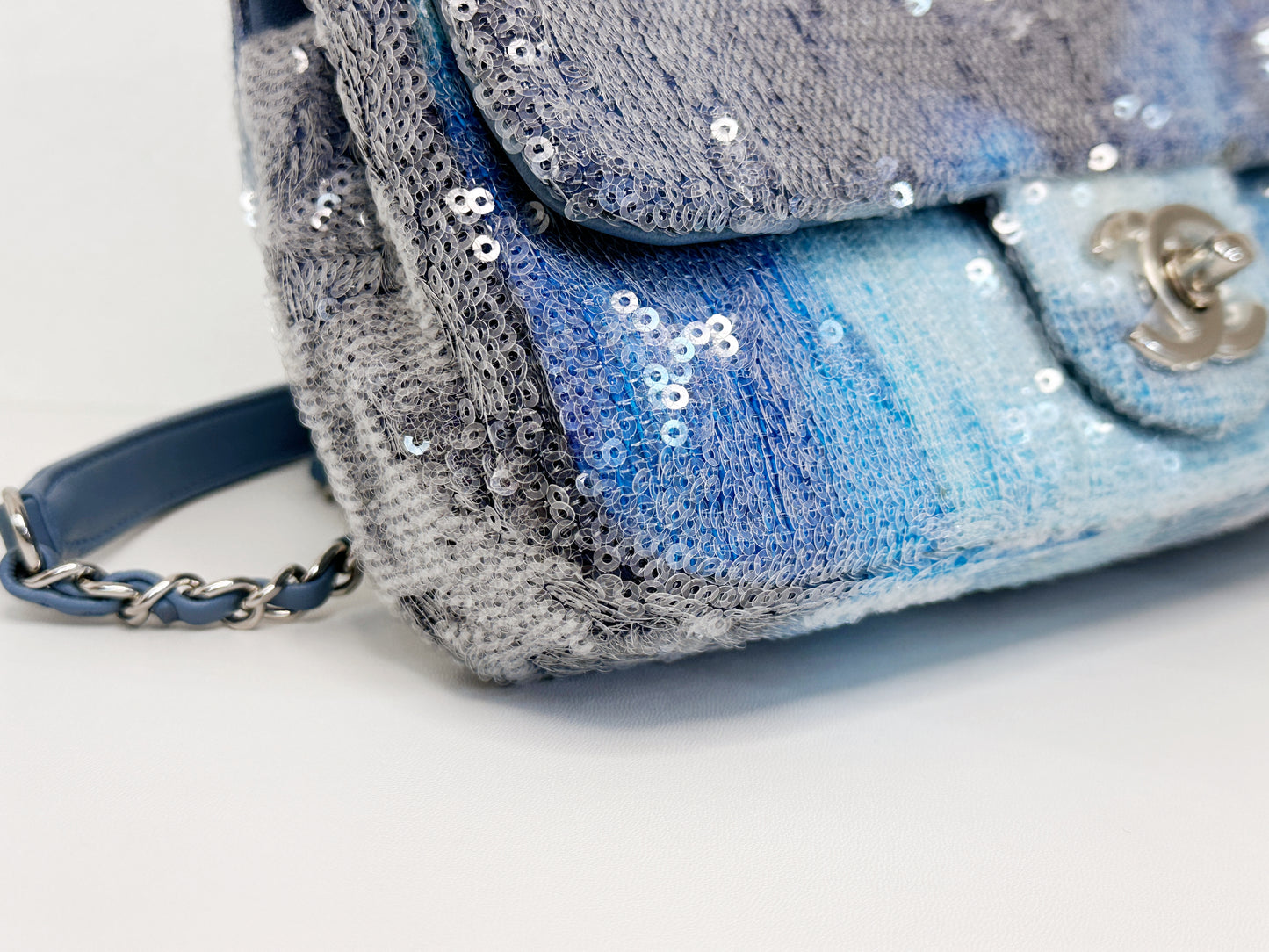 Chanel Sequin Mini Waterfall Light Blue Flap Bag 2590 holo card