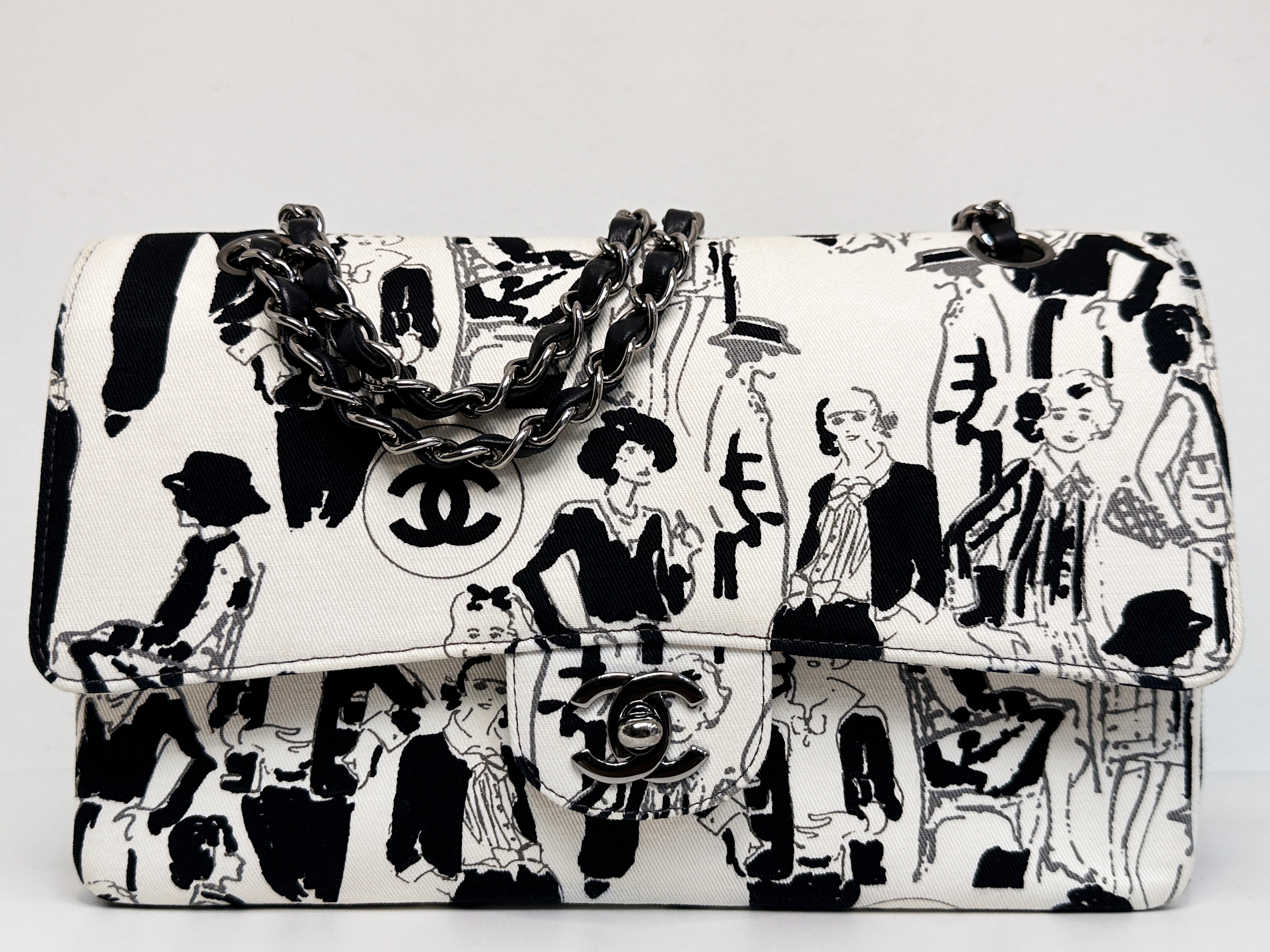 Chanel Canvas Coco Icons Medium Double Flap Bag Black White 827 holo card