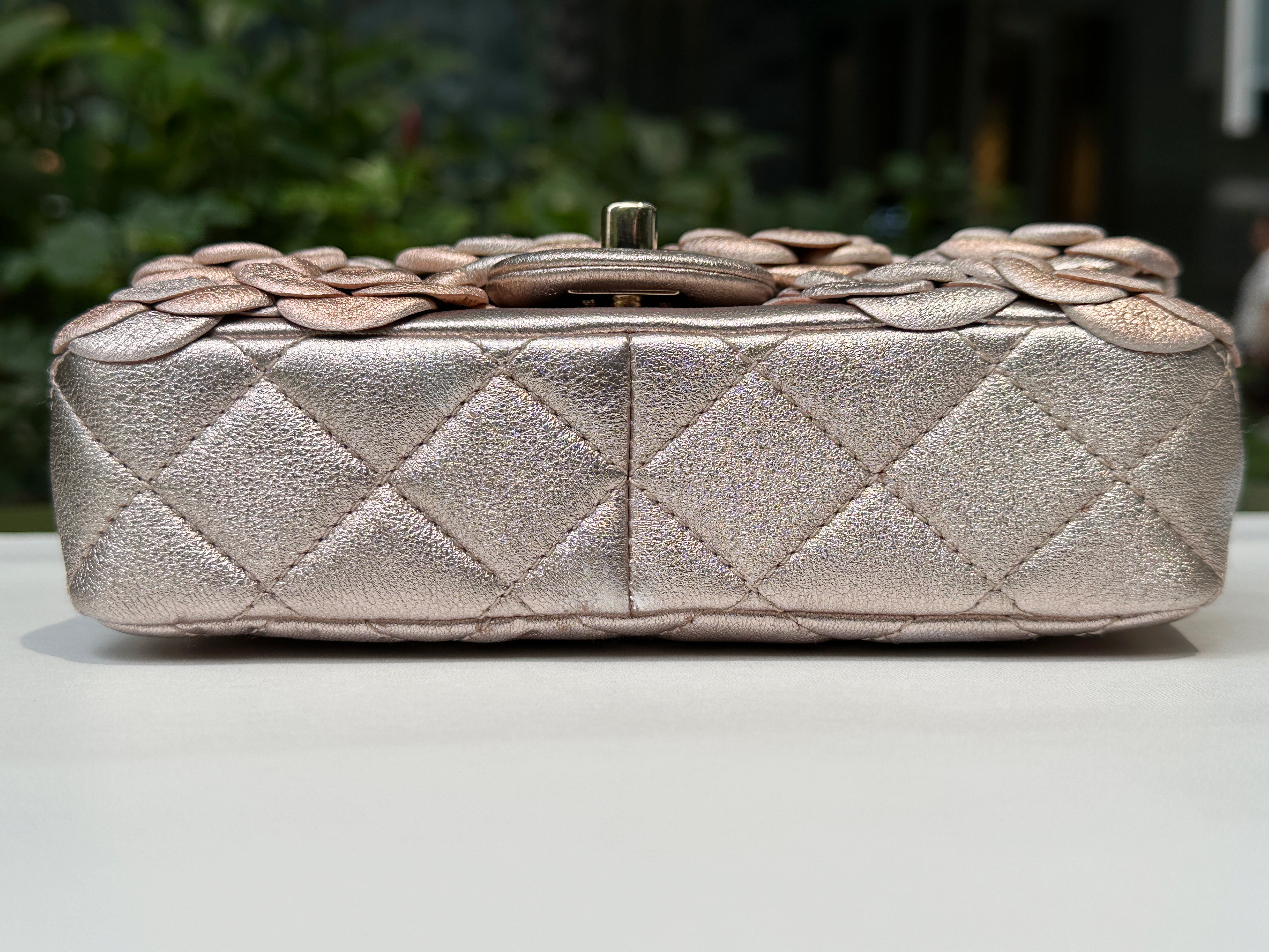 Chanel Camellia Mini Metallic Rose Gold/Pink Lambskin Gold Hardware 2078 holo card