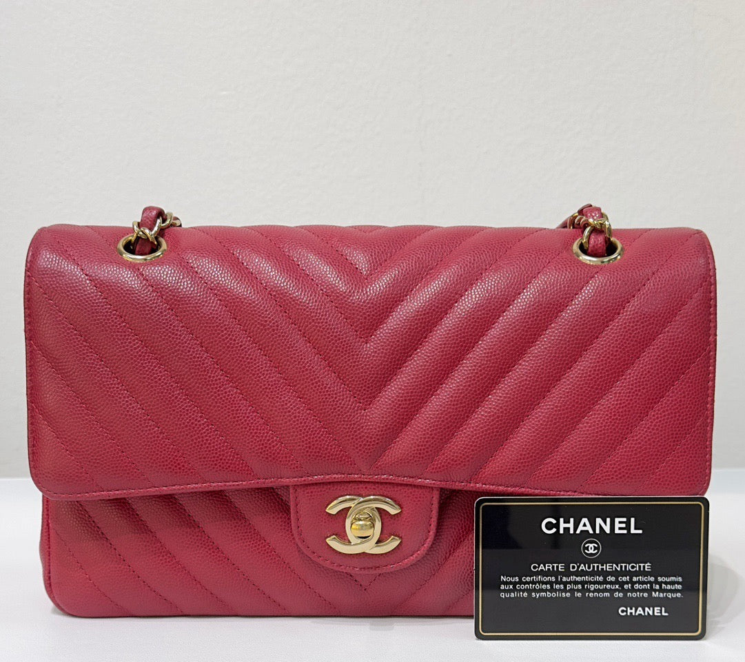 Chanel Medium Chevron Caviar Double Flap Red GHW