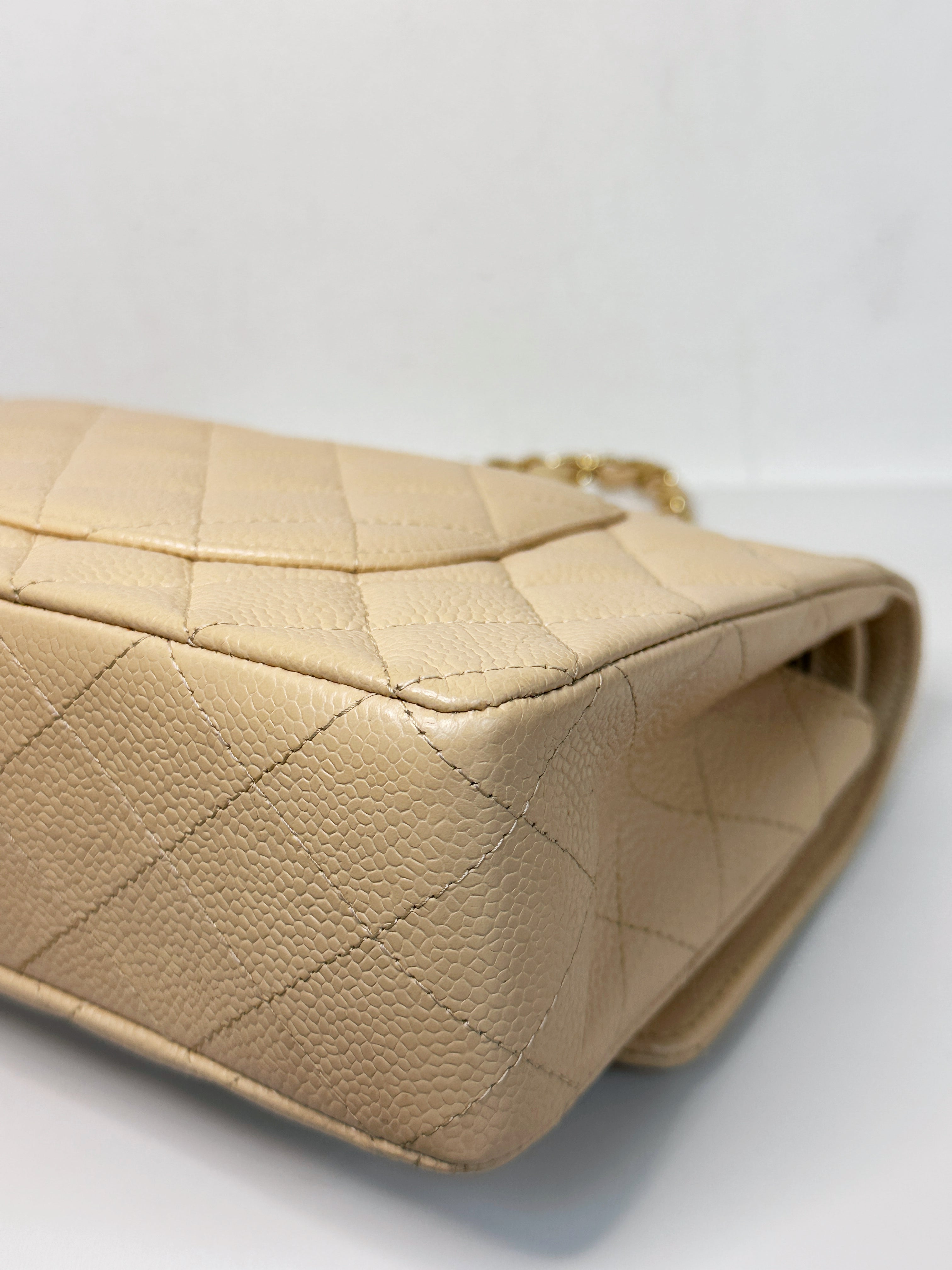 Chanel Medium Beige Classic Caviar Double Flap Bag GHW 2163 holo