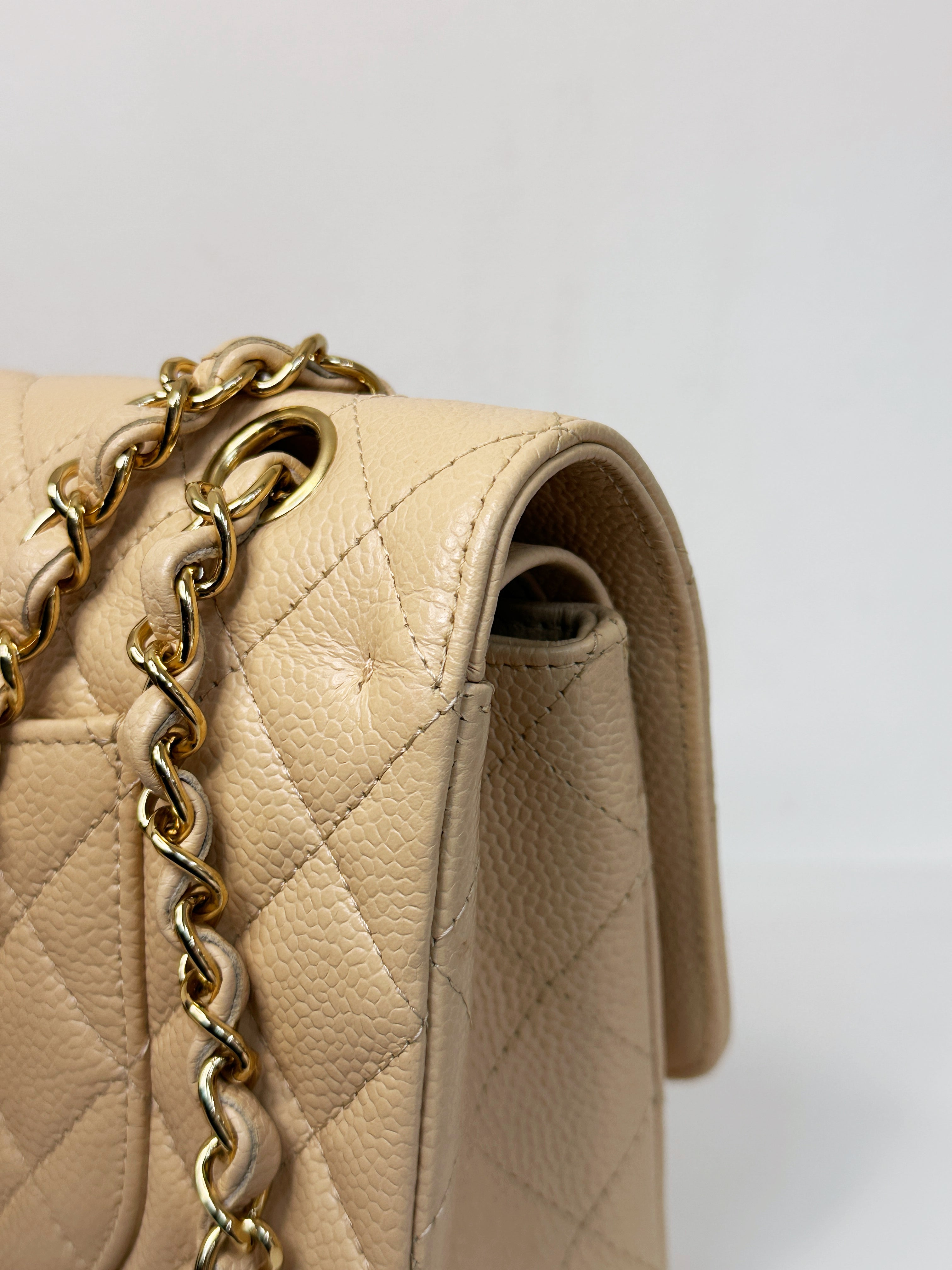 Chanel Medium Beige Classic Caviar Double Flap Bag GHW 2163 holo