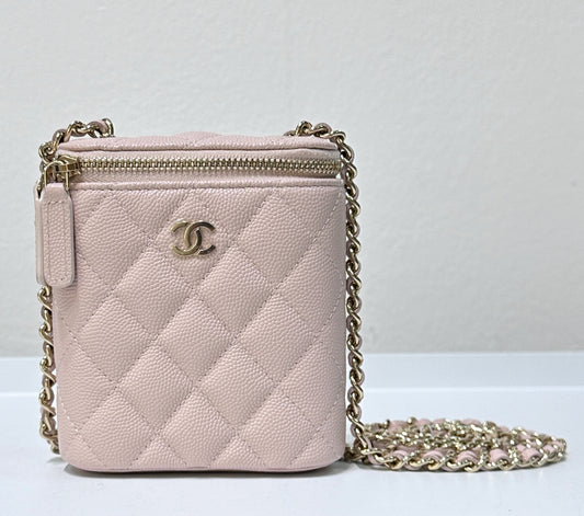 CHANEL Caviar Quilted Small Vertical Coco Beauty Vanity Case With Chain Light Pink