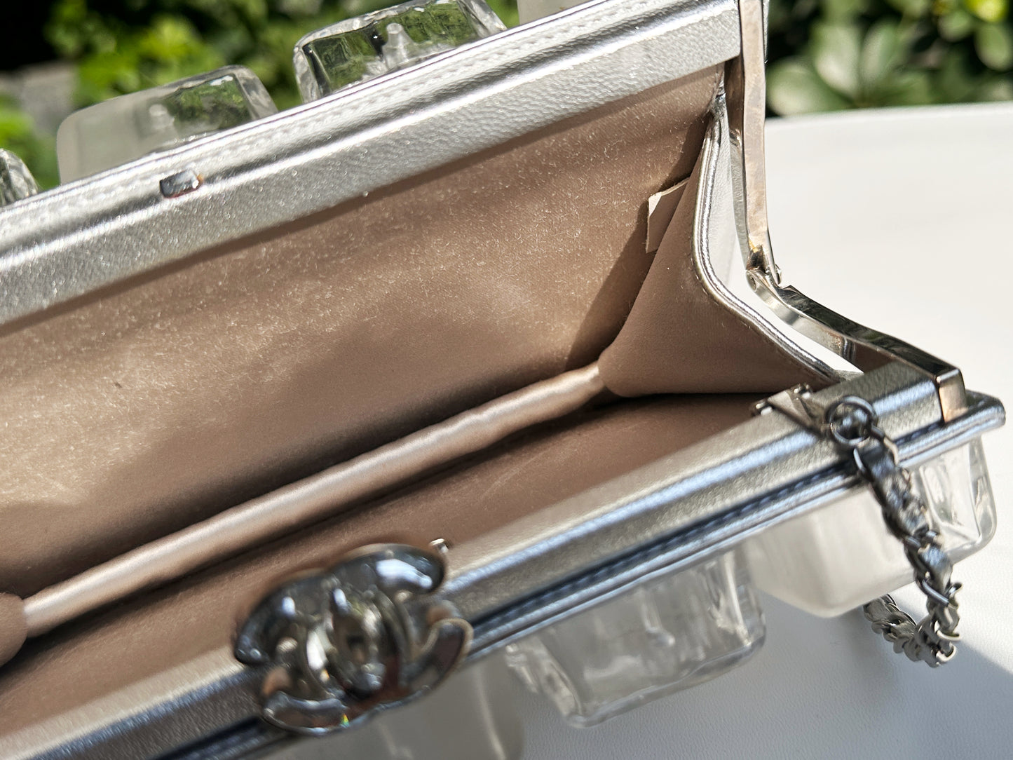 Chanel Silver Metallic Lambskin and Clear Acrylic Ice Cube Bag Silver Hardware 1426 holo card