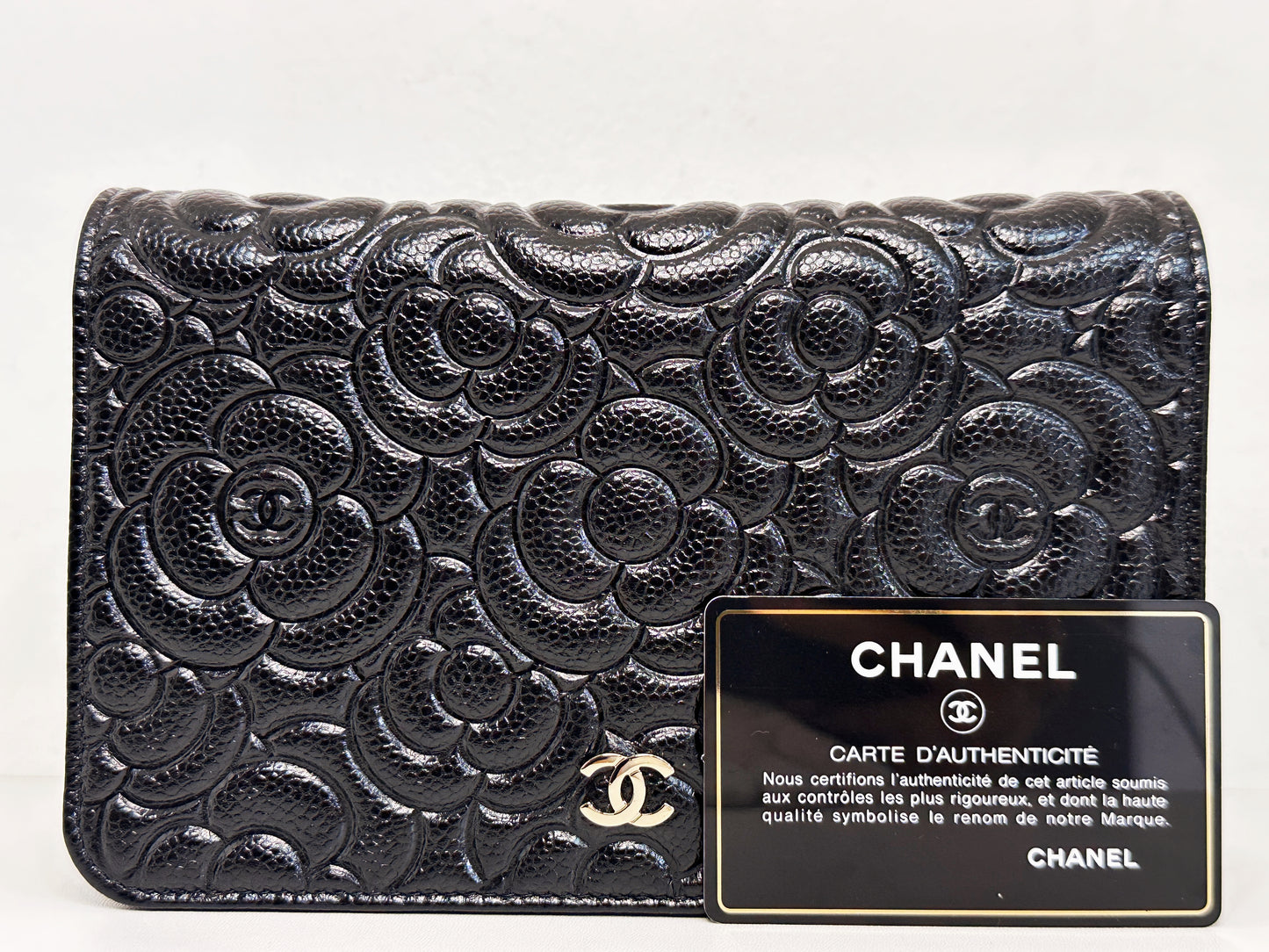 Chanel Black Caviar Camellia Embossed Wallet on Chain WOC Crossbody/ Clutch Bag 2951 holo card