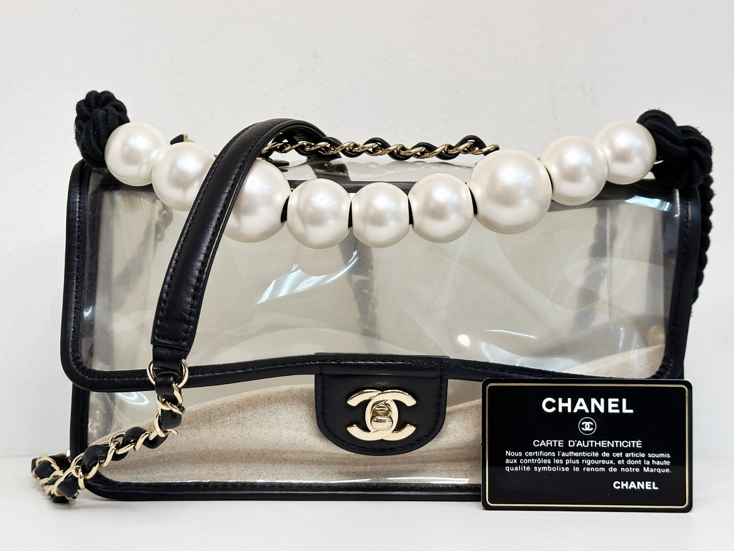 Chanel Medium Lambskin CoCo Sand PVC Sand By The Sea Flap With Pearl Strap Black 274 holo card