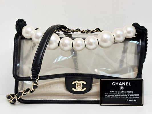 Chanel Medium Lambskin CoCo Sand PVC Sand By The Sea Flap With Pearl Strap Black 274 holo card
