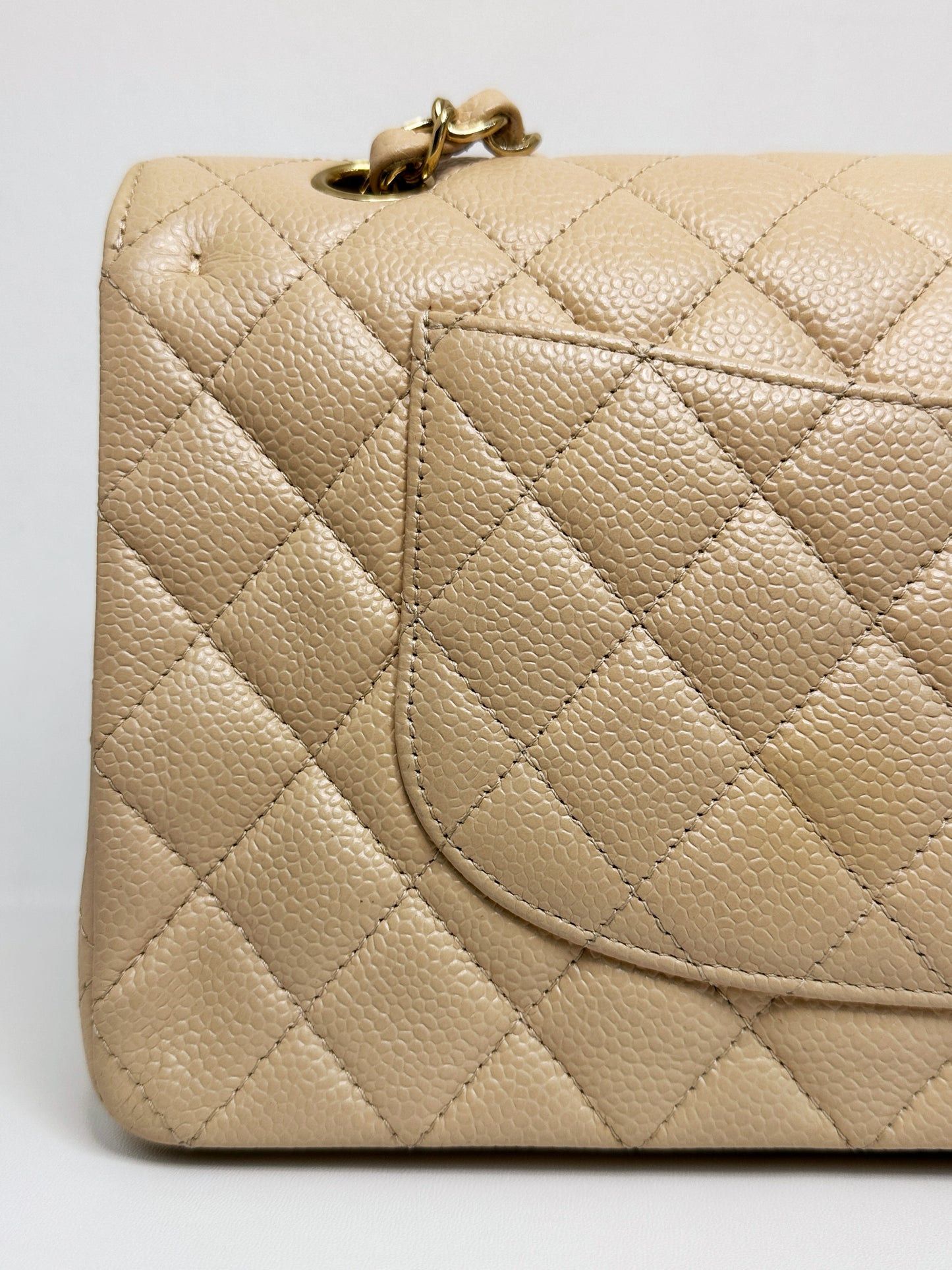 Chanel Medium Beige Classic Caviar Double Flap Bag GHW 2163 holo