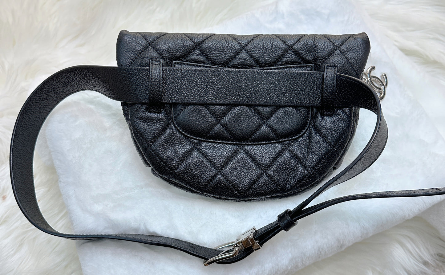 CHANEL Grained Calfskin Quilted Waist Belt Bag Black 2749 holo card