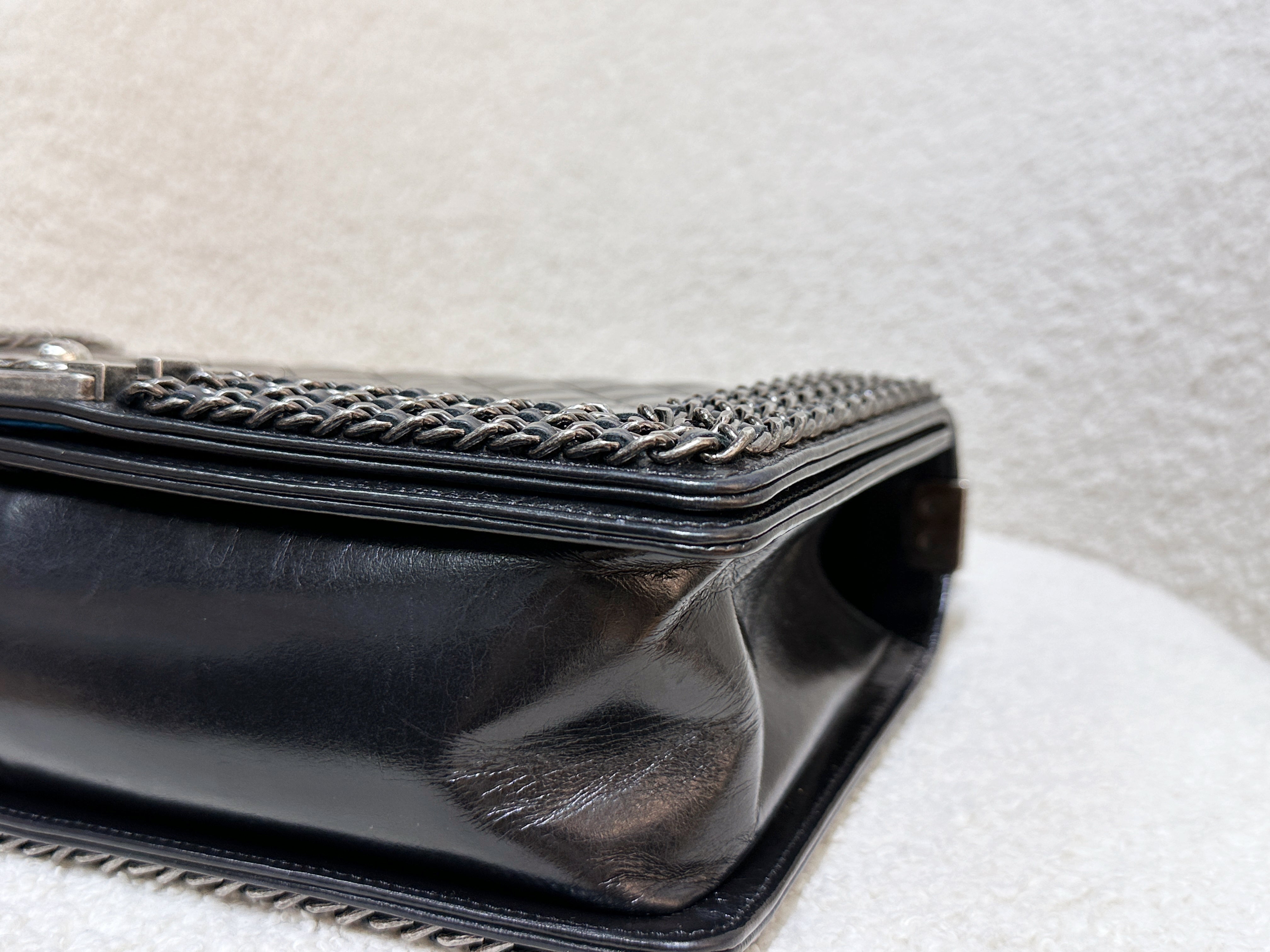 Chanel Boy Black Leather Chain Shoulder Bag 2099 holo card