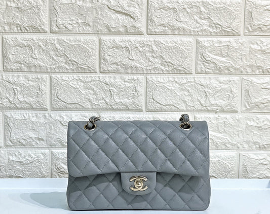 CHANEL Caviar Quilted Small Classic Double Flap Grey