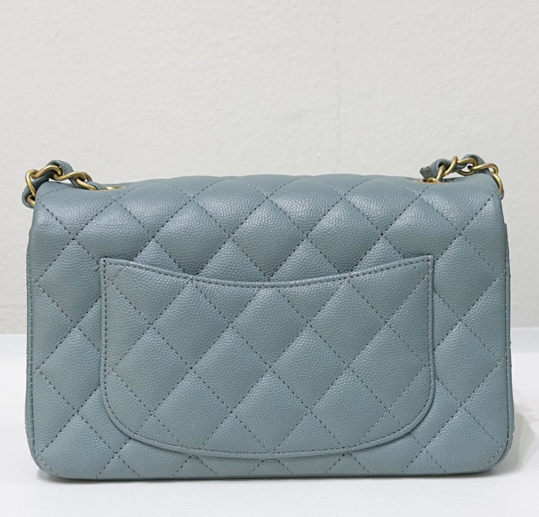 CHANEL Iridescent Caviar Quilted Mini Rectangular Flap Light Blue 18C