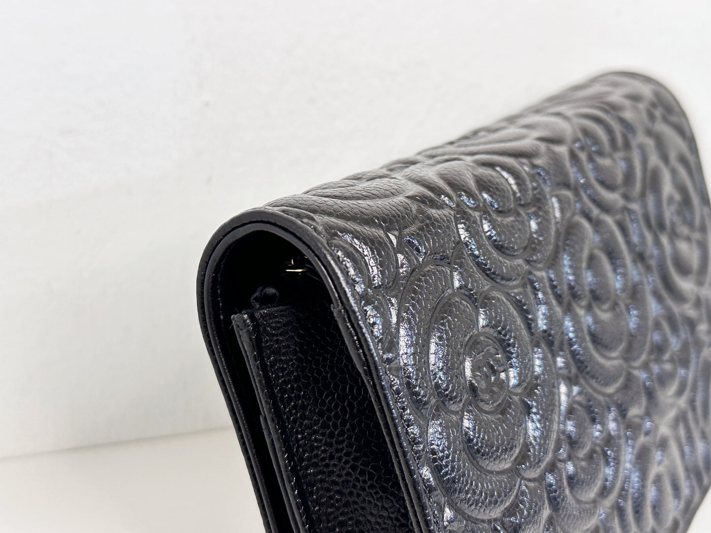 Chanel Black Caviar Camellia Embossed Wallet on Chain WOC Crossbody/ Clutch Bag 2951 holo card