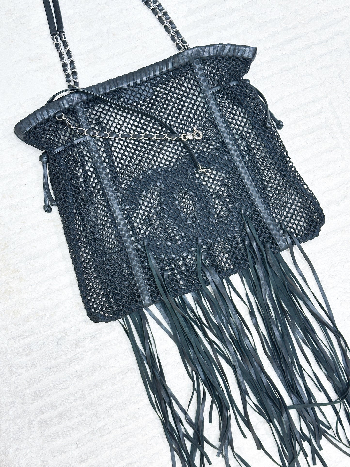 Chanel Limited Edition Resort 2011 Black Fringe Mesh Tote Bag 1373 holo card