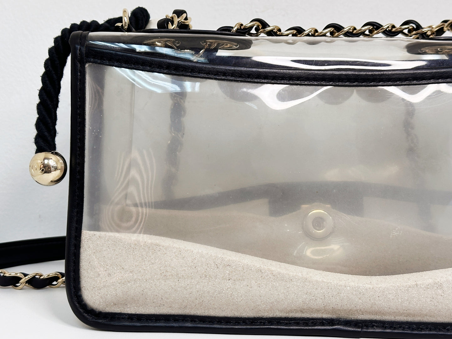 Chanel Medium Lambskin CoCo Sand PVC Sand By The Sea Flap With Pearl Strap Black 274 holo card